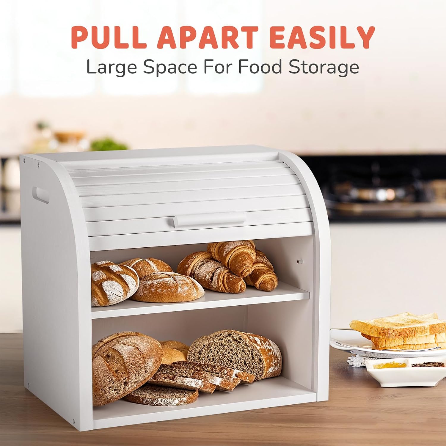 G.a HOMEFAVOR 2-Tier Bamboo Bread Box for Kitchen Counter, White | Large Roll Top Bread Storage Container, Bread Holder