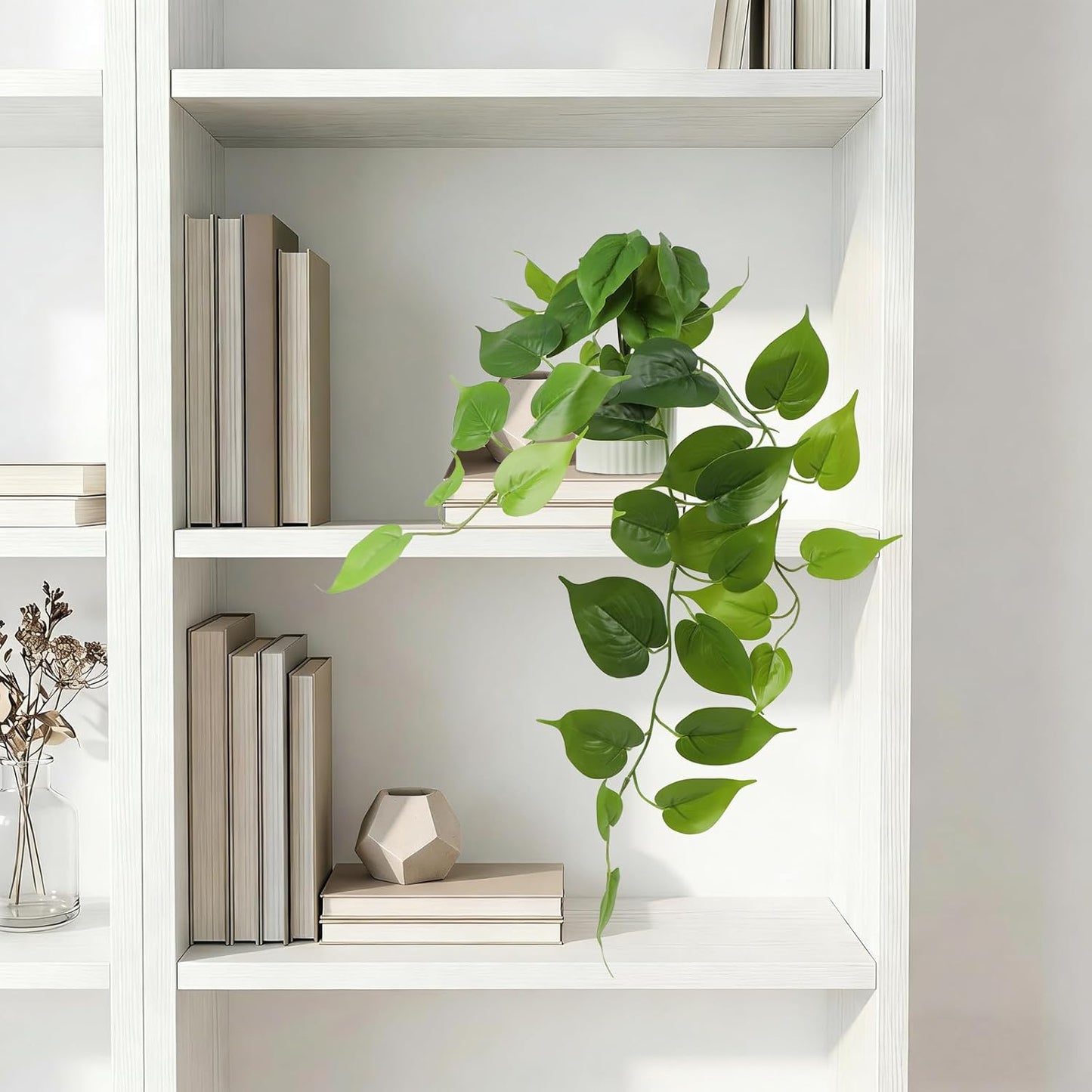 Fake Pothos Hanging Plant / Green with White Pot