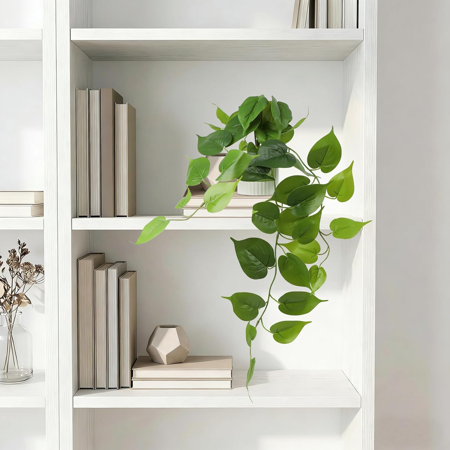 Fake Pothos Hanging Plant / Green with White Pot