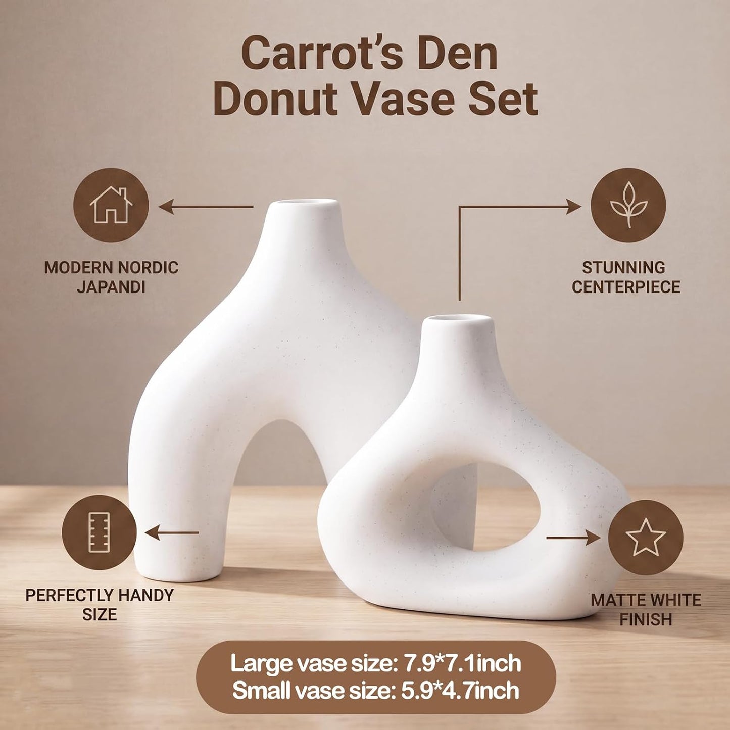 Mid Century Modern Decor Ceramic Donut Vases / White / Set of 2