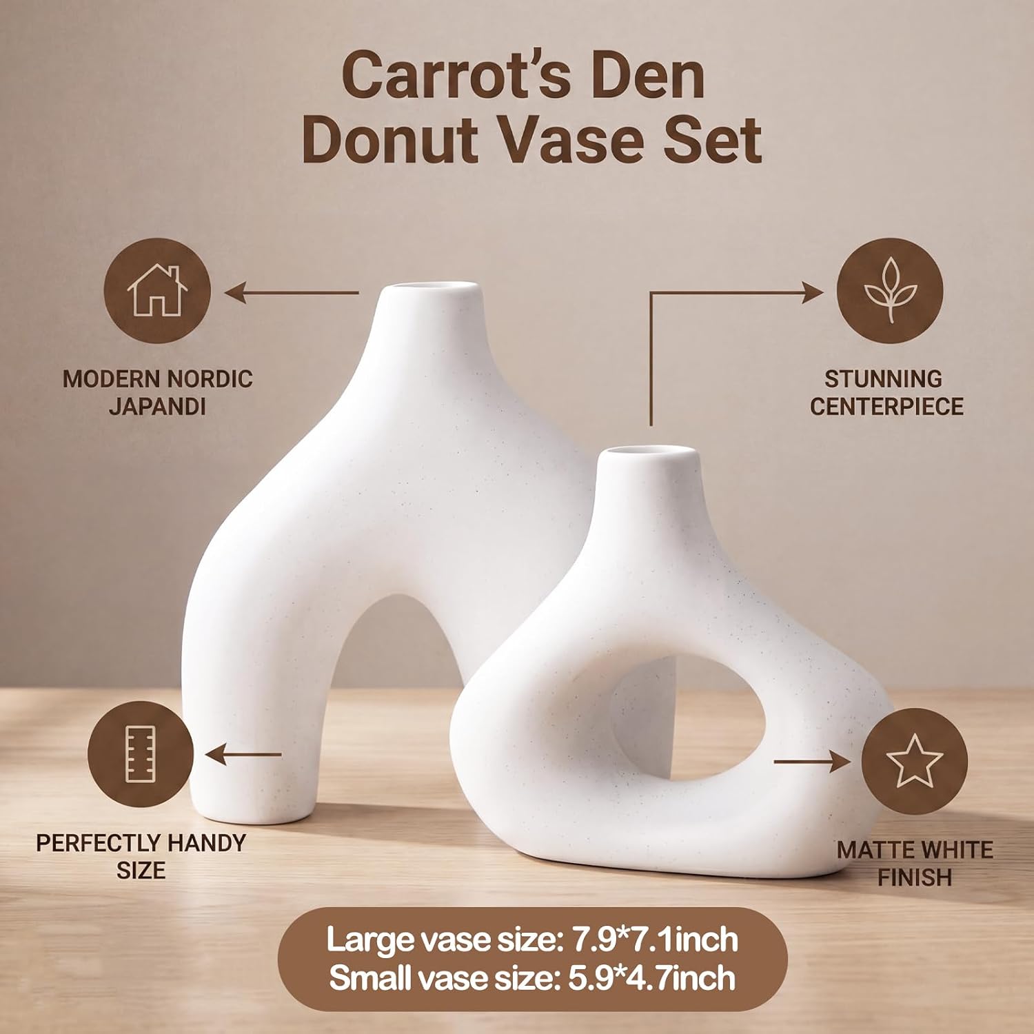 Mid Century Modern Decor Ceramic Donut Vases / White / Set of 2