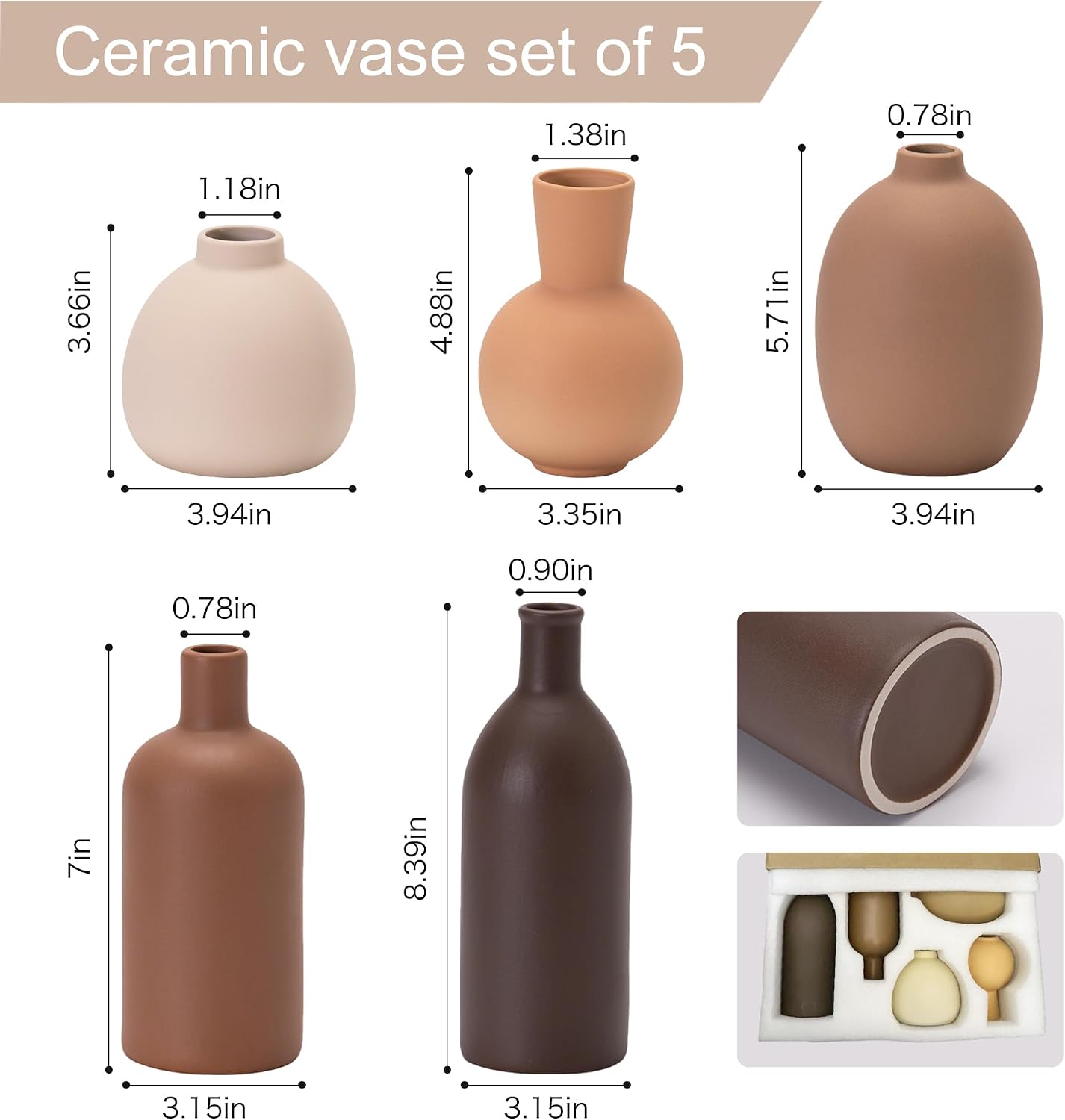 Small Ceramic Flower Vase Set / Brown / Set of 5