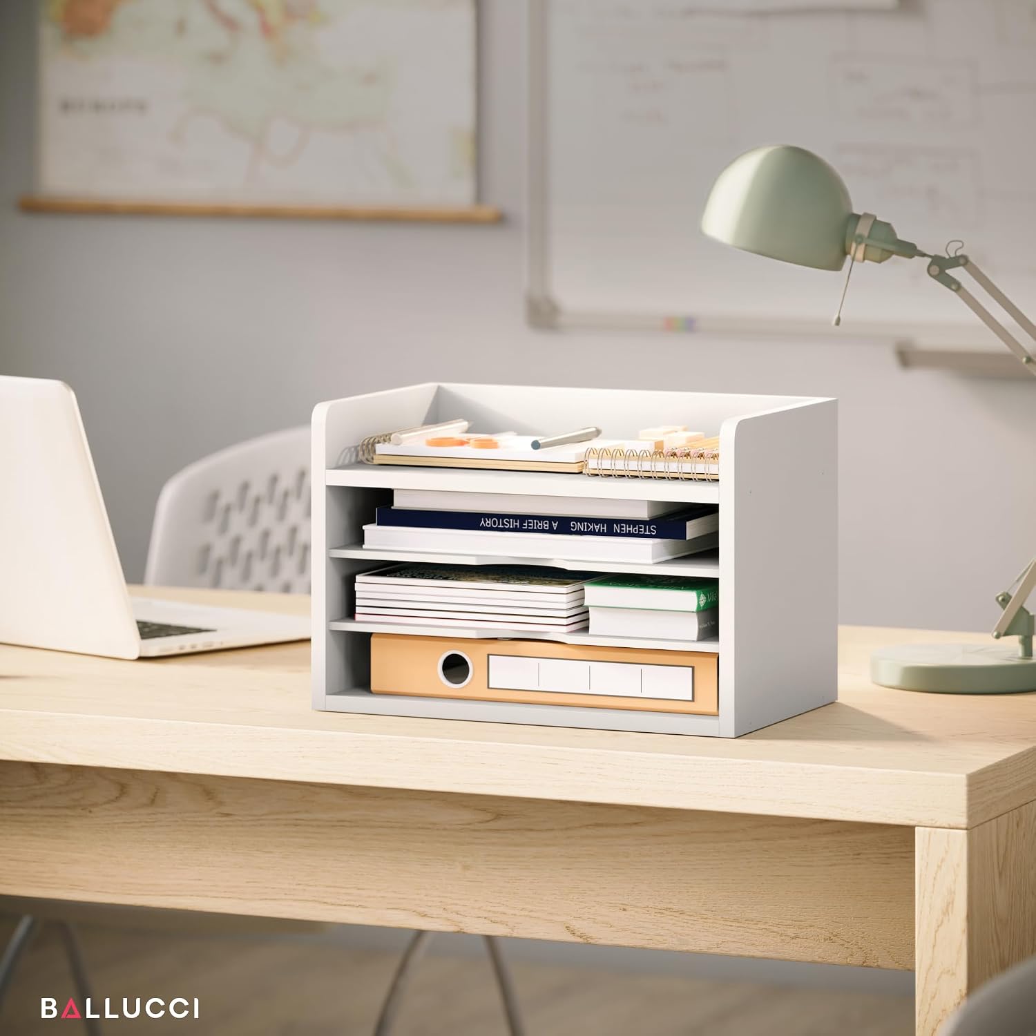 Ballucci File Organizer, 4-Tier Office Desk Organizer, Open Top Wood Paper Organizer for Classroom, Desktop Mail Sorter