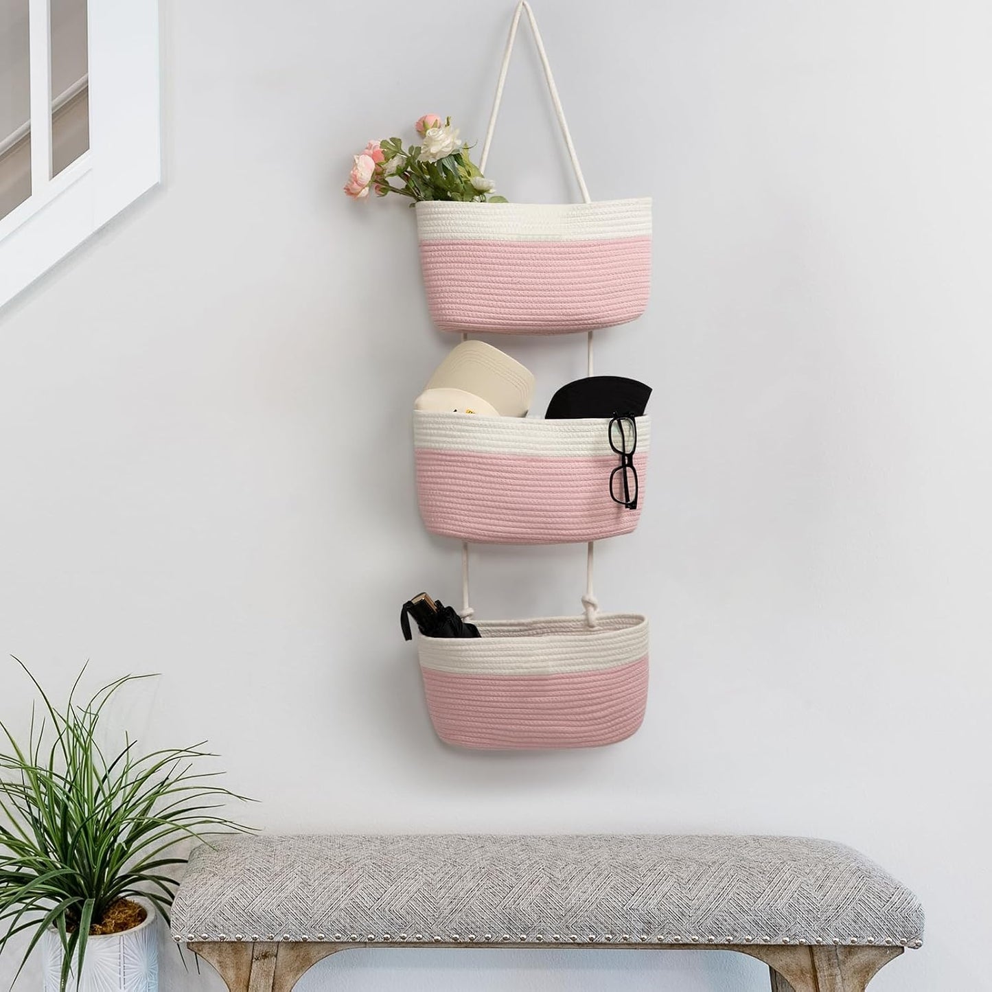 3-Tier Woven Cotton Wall-Mounted Storage Organizer Bag Decorative Hanging Nursery / Pink & White