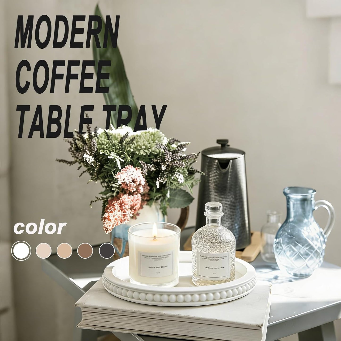 Round Wooden Tray for Decor / White