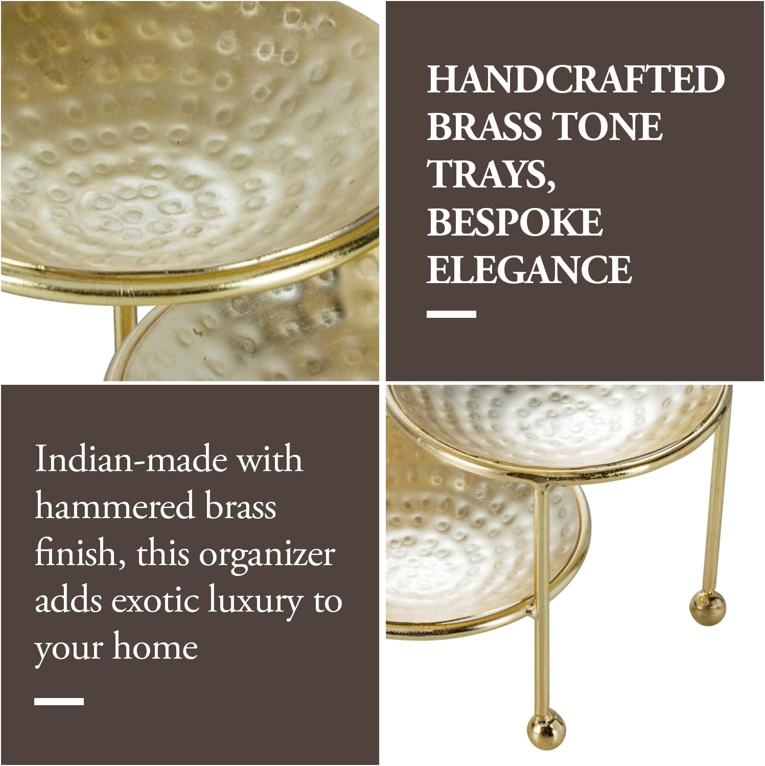 Hammered Brass Plated Metal Ring Tray / Brass, 4 Tier