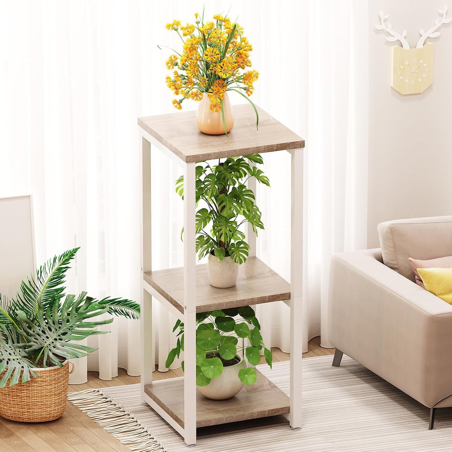 3 Tier Plant Stand Indoor Corner Tall Square Shape Plant Shelf | Modern Metal MDF board Flower Storage,Suitable tight