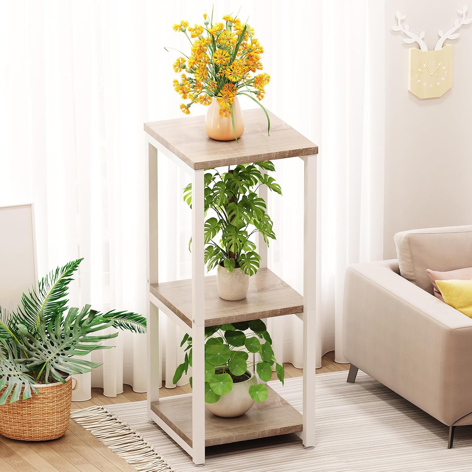 3 Tier Plant Stand Indoor Corner Tall Square Shape Plant Shelf | Modern Metal MDF board Flower Storage,Suitable tight