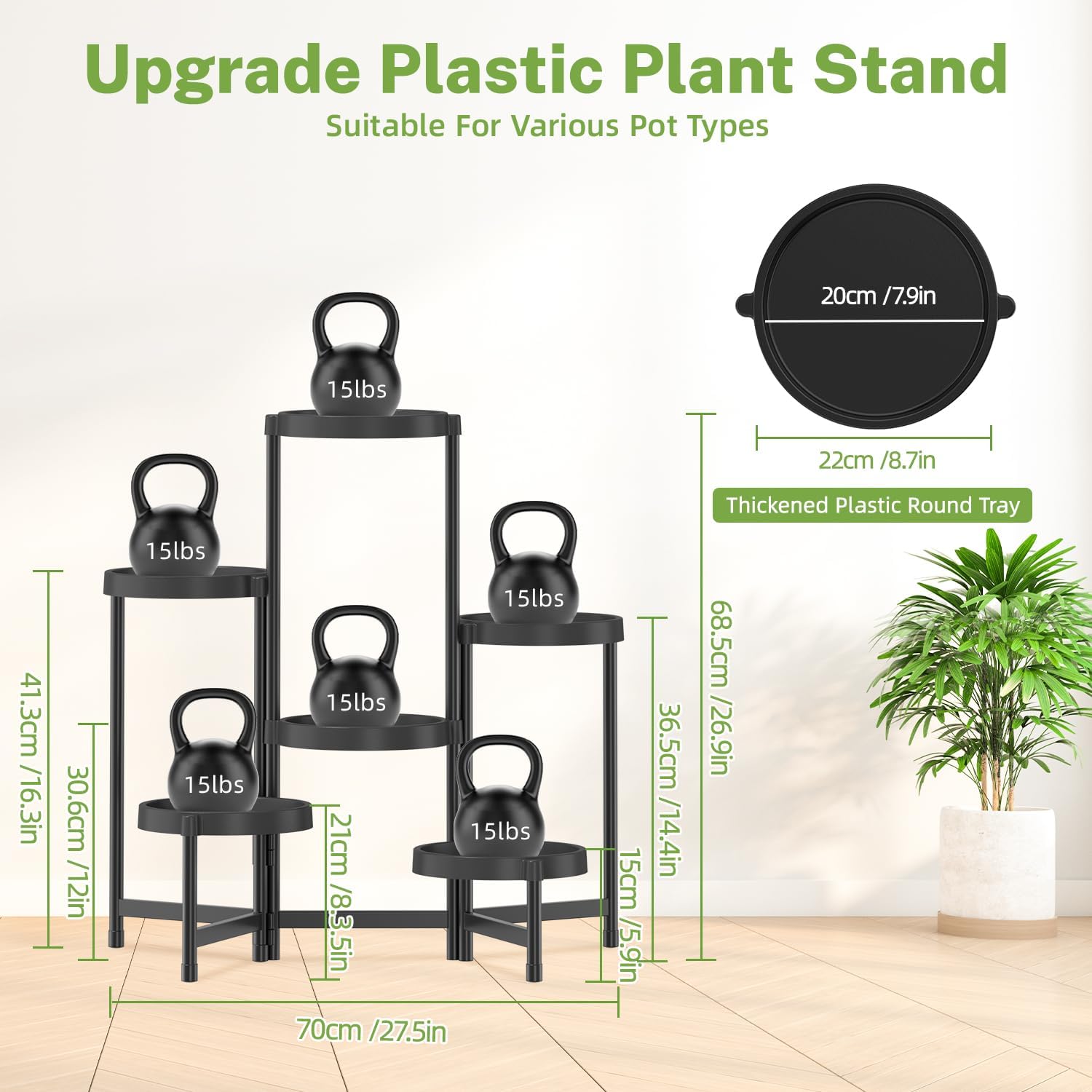 iDavosic.ly 6 Tier Folding Plant Stand Indoor Outdoor, Plastic Tray, Black | Space Saving Tiered Corner Storage Display