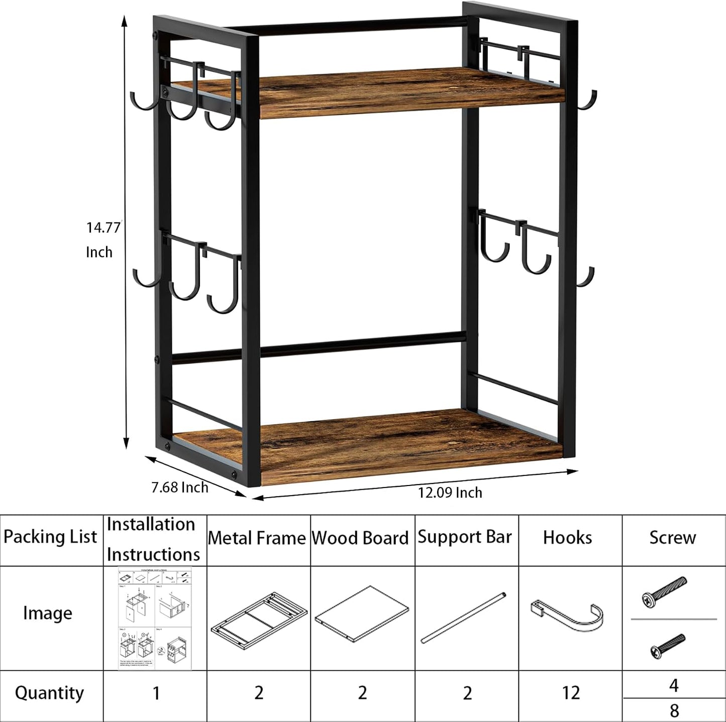 Dorhors Coffee Bar Organizer,Mug Holder,Station Organizer Kitchen Counter | 2 Tier Rustic Brown Wood Coffee Bar