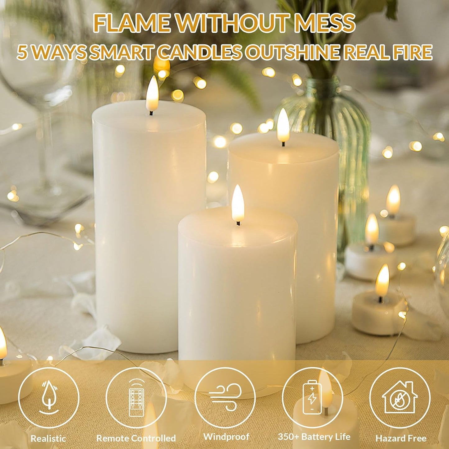 White Flameless Faux Pillar Candles with Remote Set of 3 | Flickering LED Wax Candles, Flat Top, 2 AA Battery Power