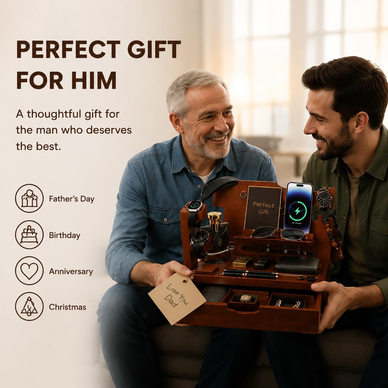 Nightstand Organizer for Men with Large Drawer, Wood Phone Docking Station for Phone, Apple Watch, Wallet & Keys, Ideal
