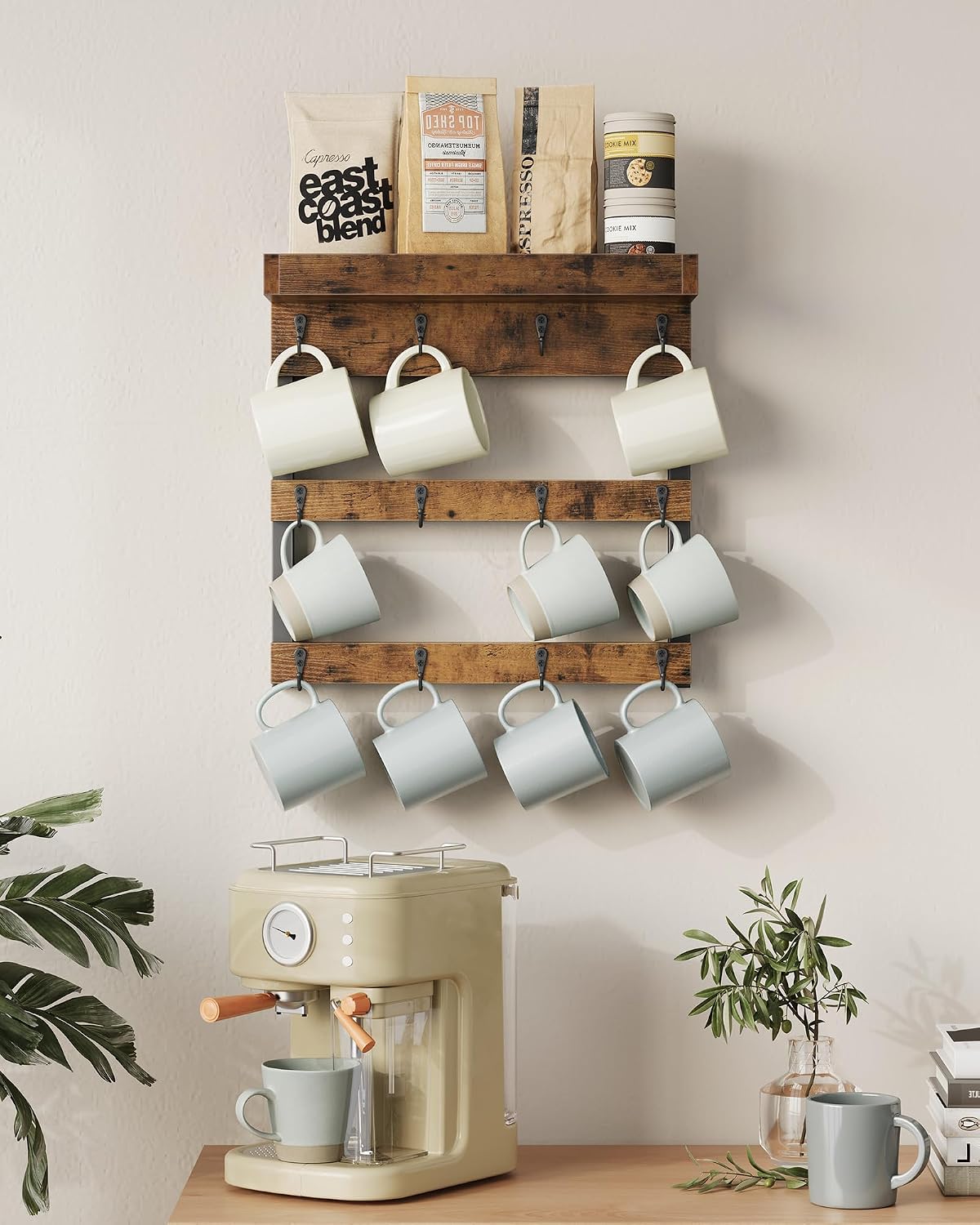 OROPY Coffee Mug Rack Wall Mounted, Rustic Wood Cups Rack, 12 Hooks & Shelf | Coffee Mug Holder for Home Kitchen