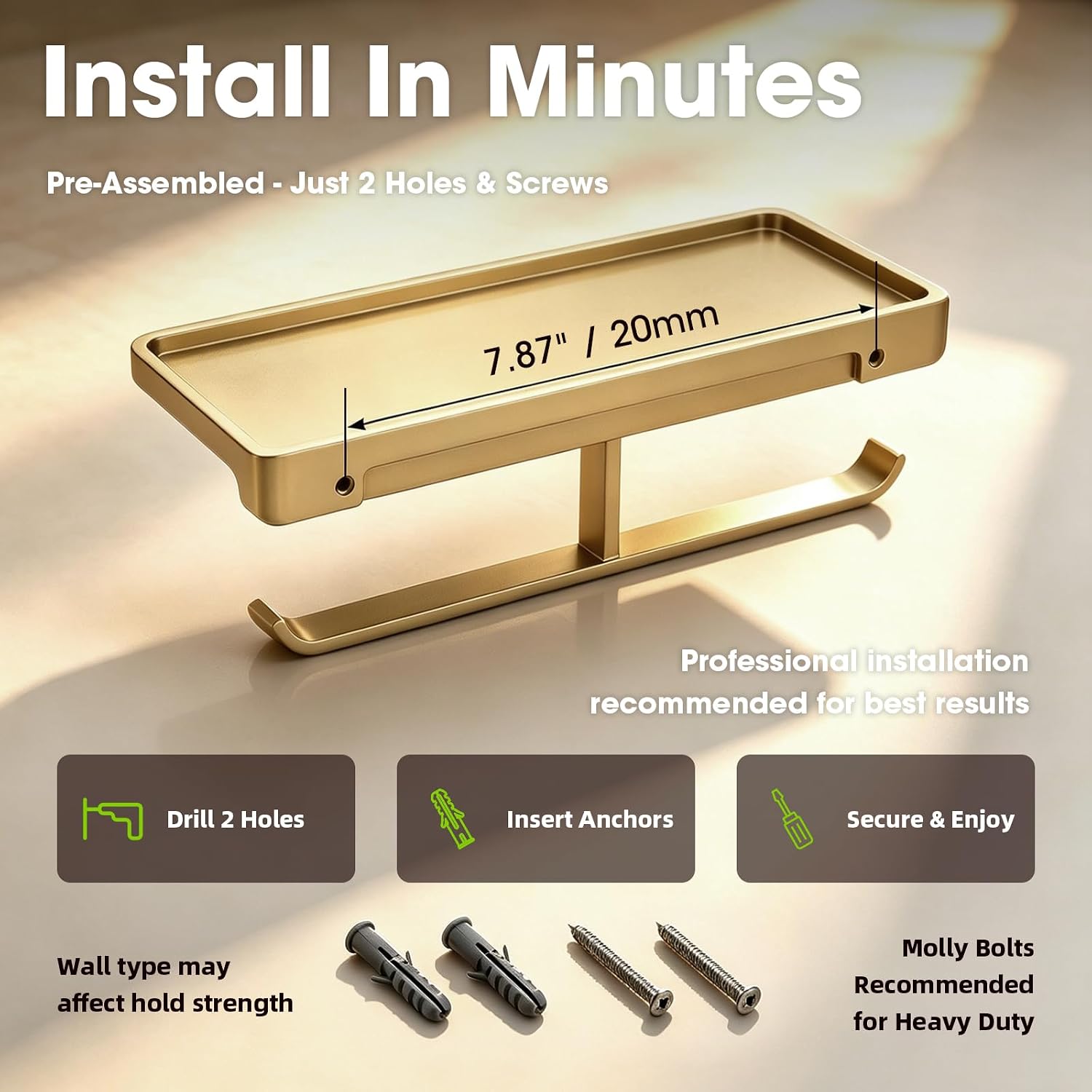 TRUSTMI Brushed Gold Dual Roll Toilet Paper Holder with Phone Shelf | Solid zinc alloy holder holds 11 lbs and fits