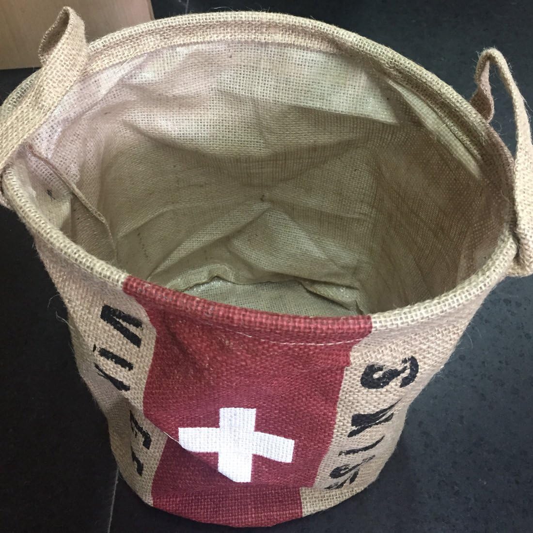 Burlap Woven Storage Basket Collapsible Vintage / Swiss Flag