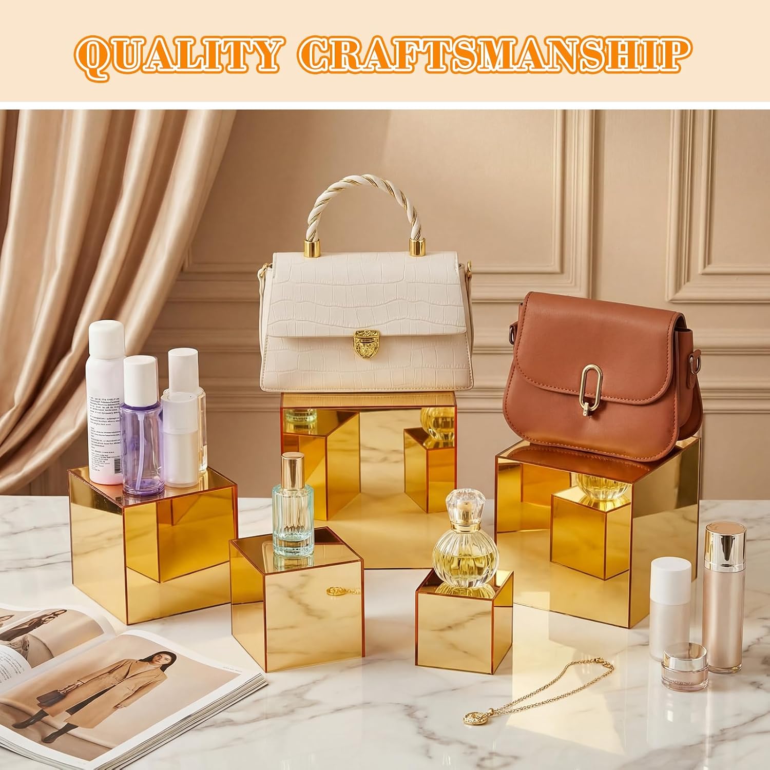 Hollow Bottom Acrylic Cube Stand Boxes for Display / Gold Mirror / 3, 4, 5, 6, 6.5 Inch / Set of 5
