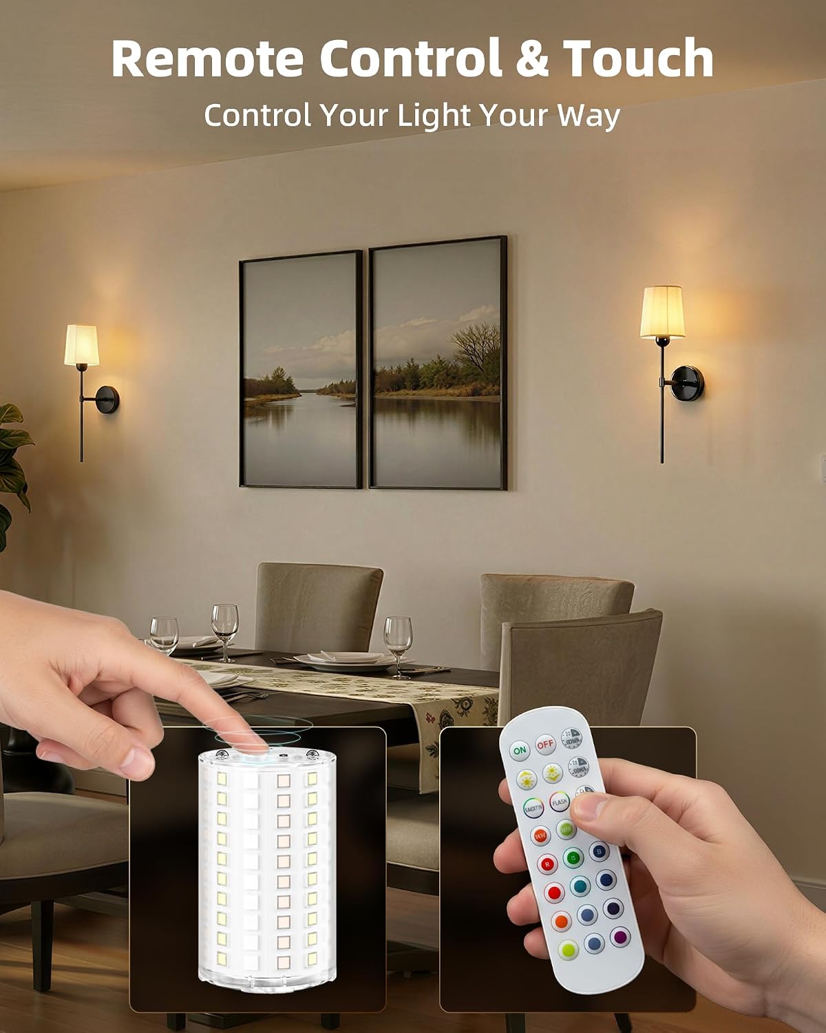 Rechargeable Wall Lights Set of 2, 7500mAh, RGB, Battery Operated Wall Sconces with Remote, Dimmable, Magnetic Bulbs