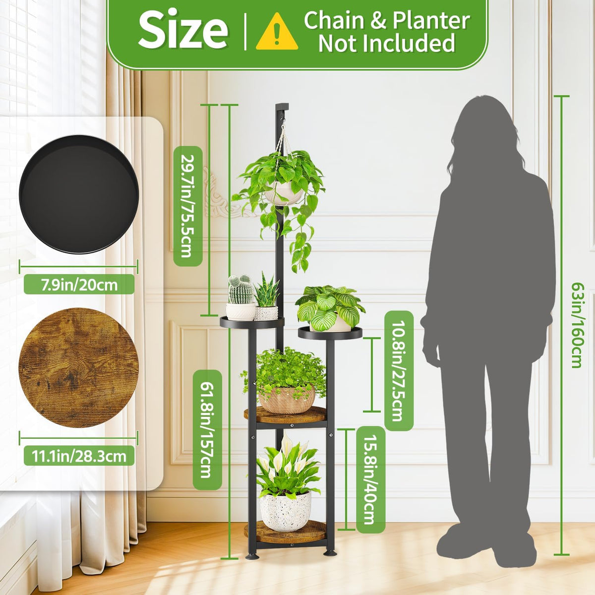 KMOTASUO Black 4 Tier Plant Stand Indoor with Hanging Ring, Tall Large Heavy Duty Metal and Wood Vertical Rack for