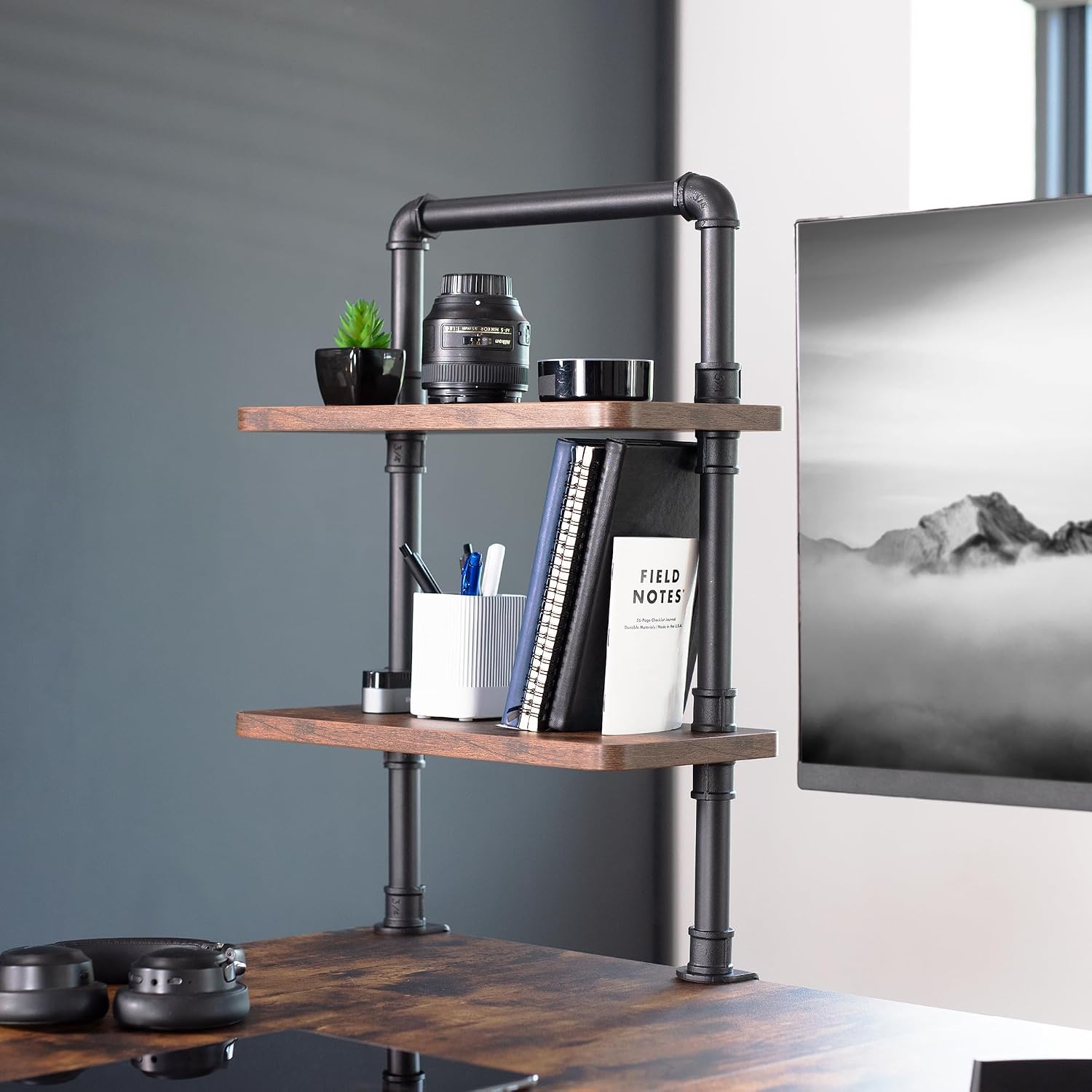 VIVO Clamp-on Premium 16 inch Industrial Pipe 2-Tier Tabletop Shelving, Heavy Duty Desk Extension Organizer, Modern