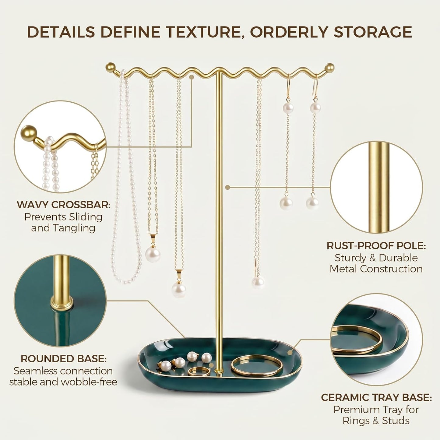 Ceramic Tray / Metal Necklace Holder Organizer for Rings Bracelets / Emerald Green