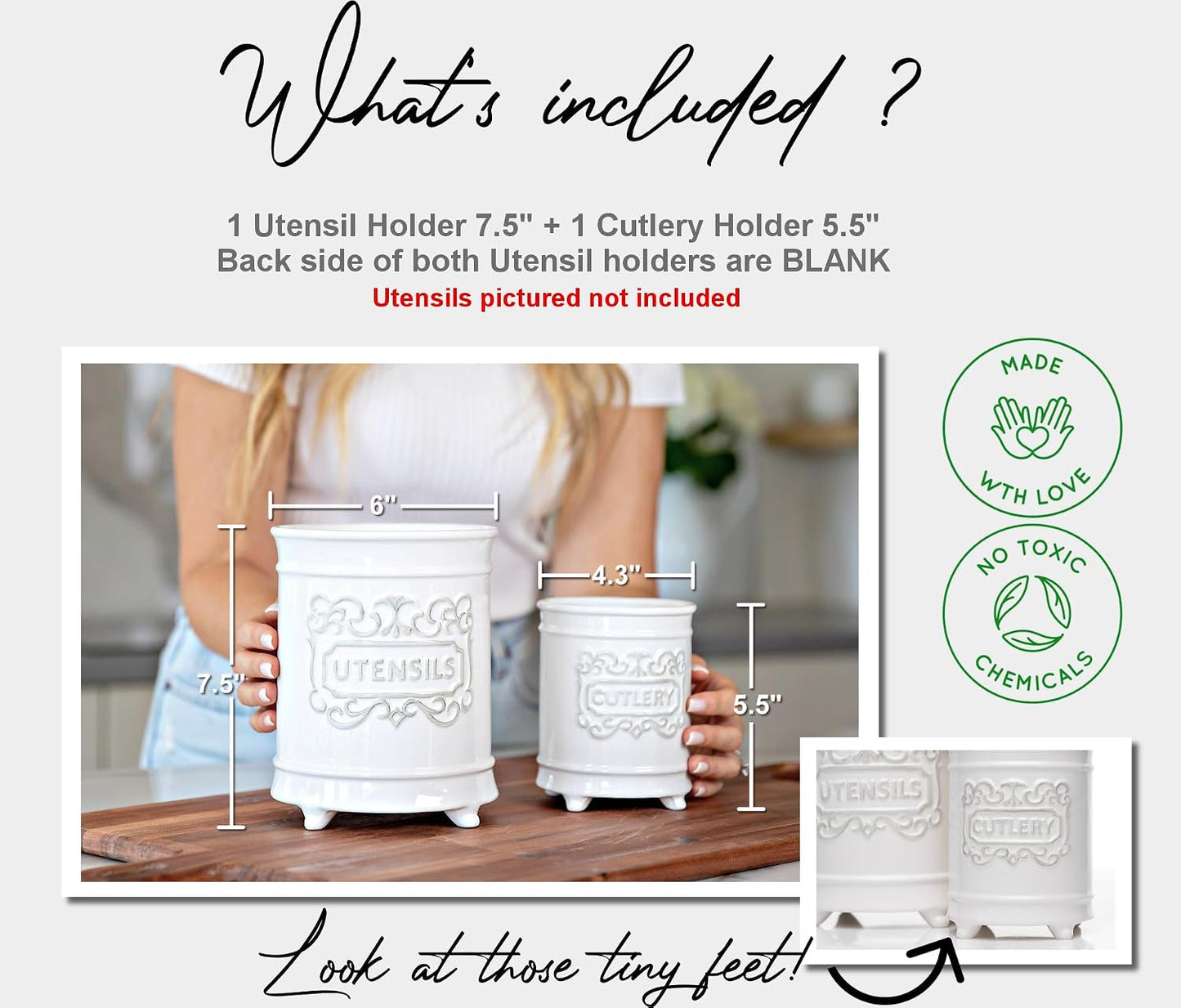 25DOL Large 7.5"+5.5" Elegant Ceramic Utensil Holder for Countertop, Cooking Utensils Organizer for Spatula, Large