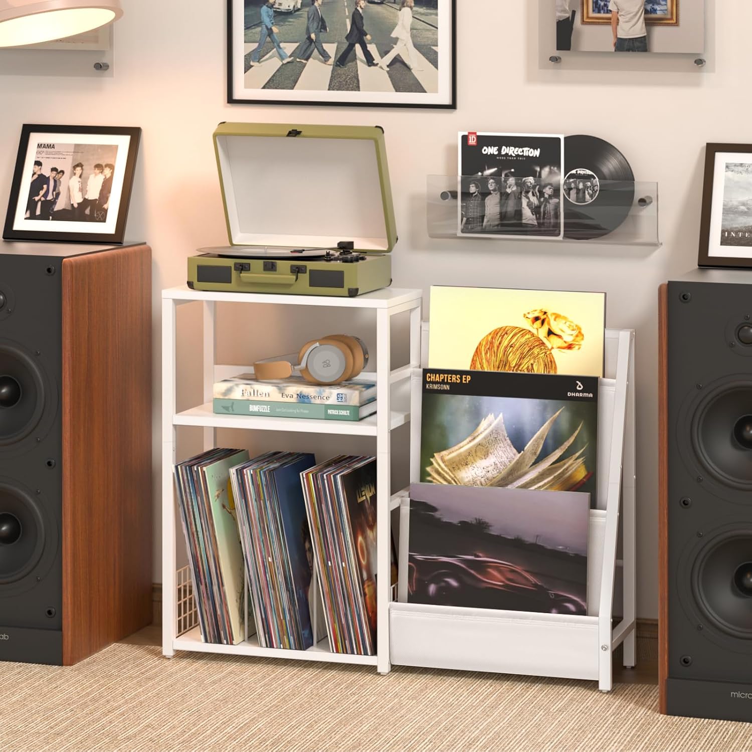 Record Player Table,Turntable Shelf with Vinyl Storage Up to 150 Albums,White Side Table with 3 Tier Magazine