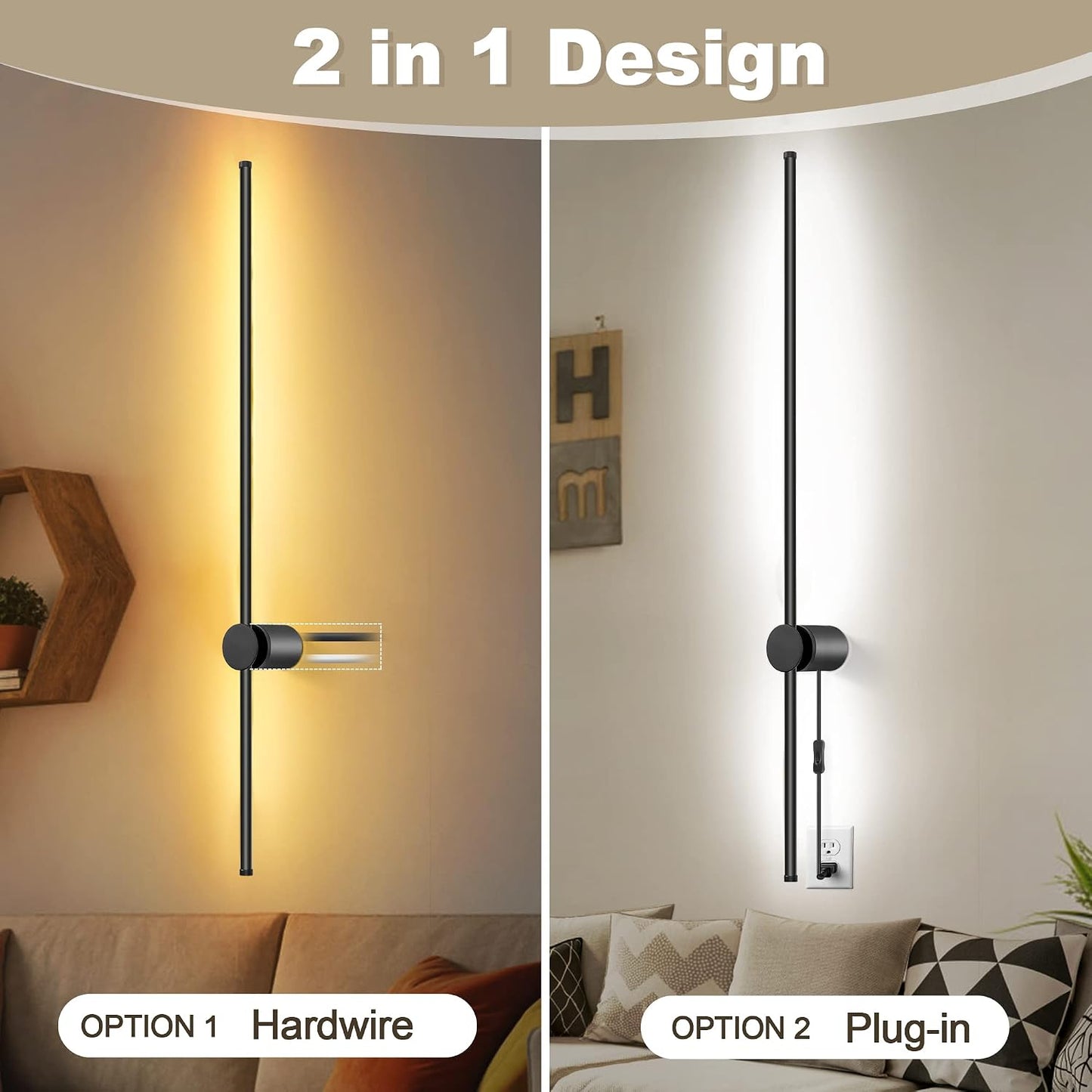 GOODATE Wall Sconces Set of Two with Remote, Stepless Colors 3000K-6500K & Stepless Dimming, Hardwire or Plug-in, 180°