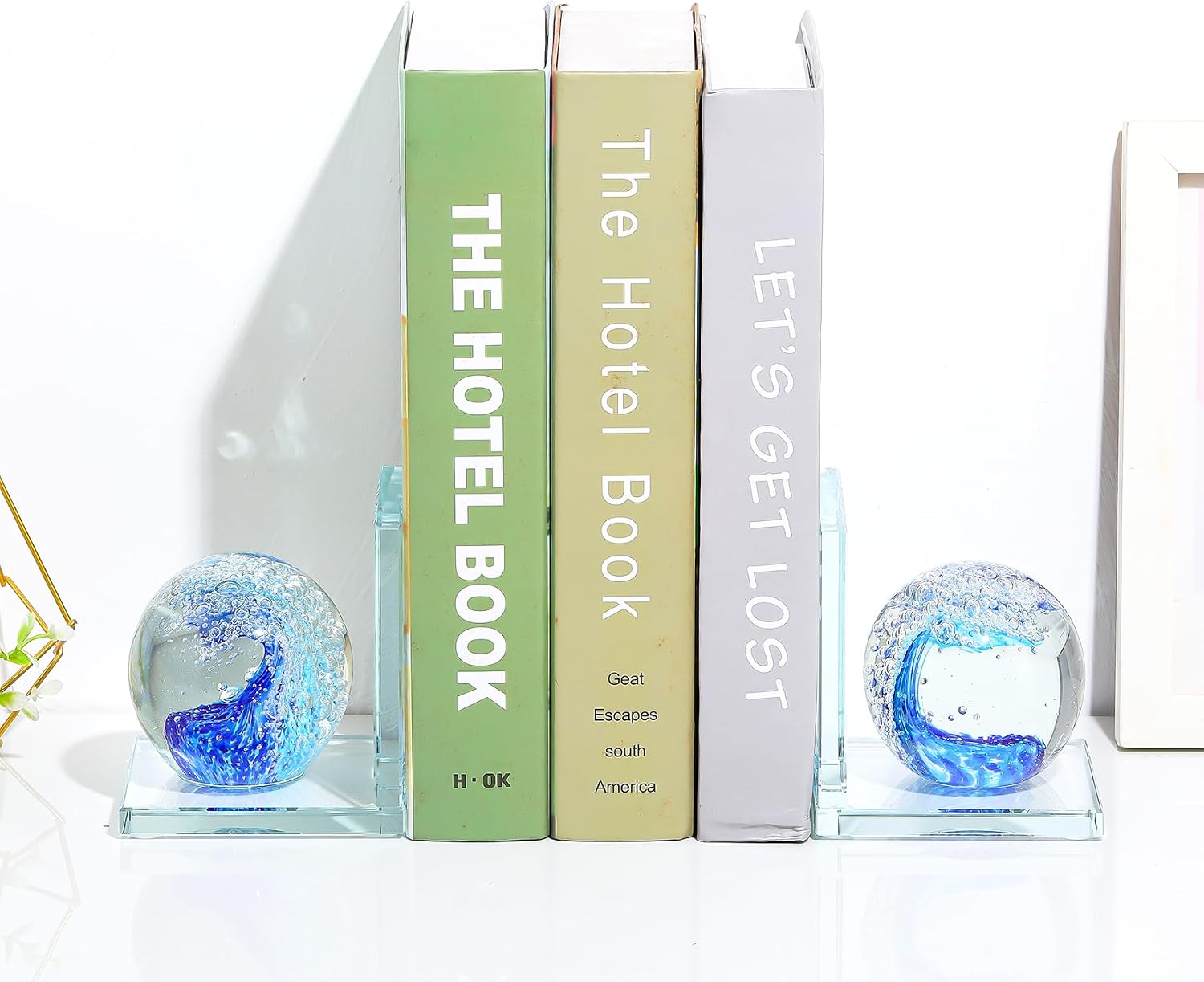 Hand Blown Ocean Waves Ball Glass Decorative Non Skid Bookends / Blue