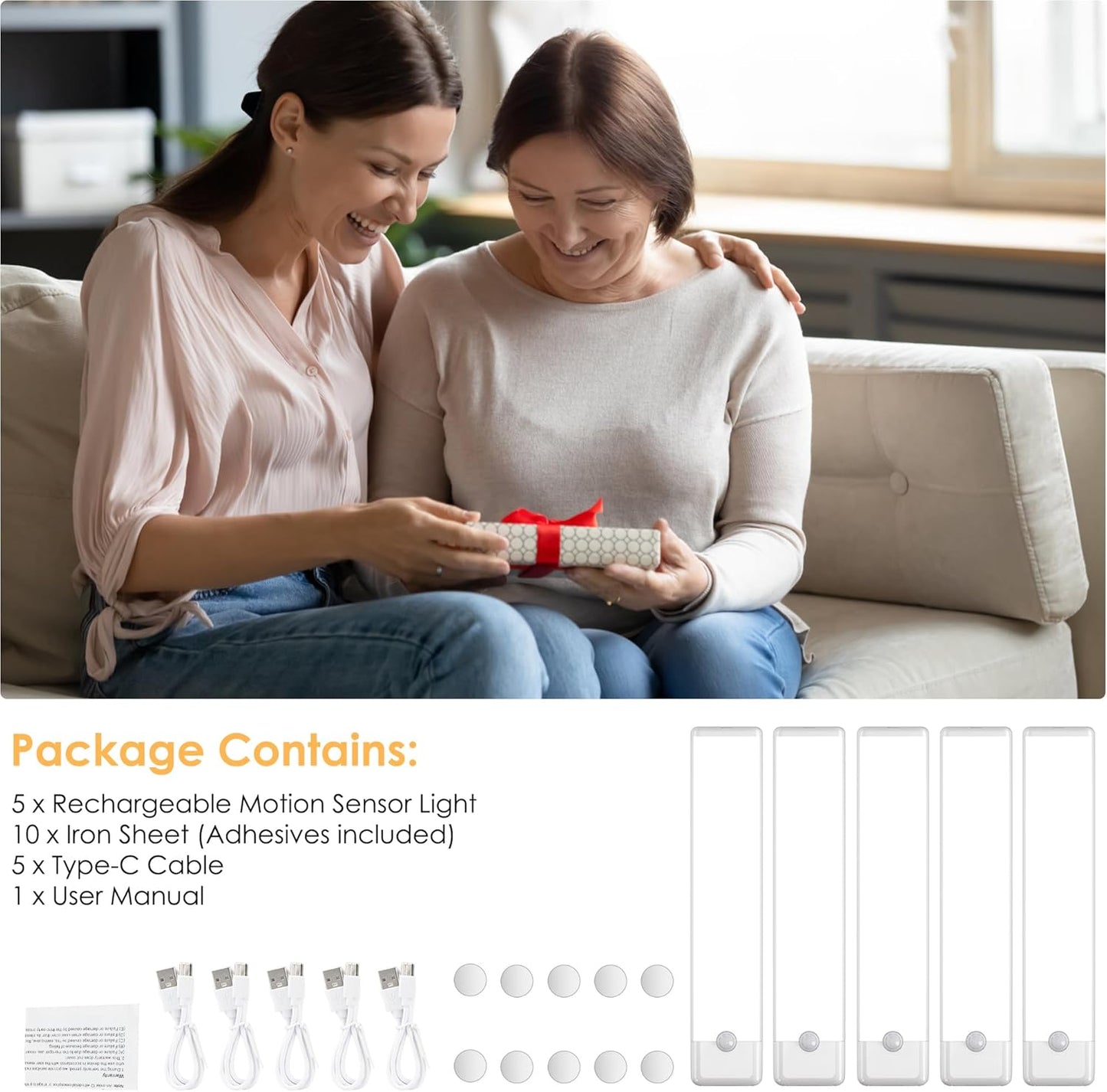 5-Pack Motion Sensor Under Cabinet Light, 3CCT, 7.9 inch | 3 Color Temperature, Dimmable, Rechargeable, Magnetic Closet