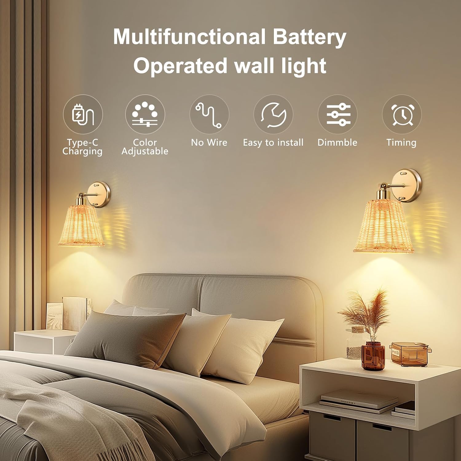 Frideko Rattan Rechargeable Battery Operated Wall Sconces Set of Two with Remote, 3 Colors Dimmable Wireless Wall