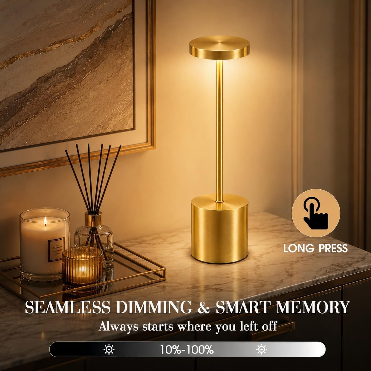 AUDLES Gold Cordless Table Lamps Set of 2, Brass Rechargeable Lamp, Battery Operated Lamps for Wedding Centerpiece &