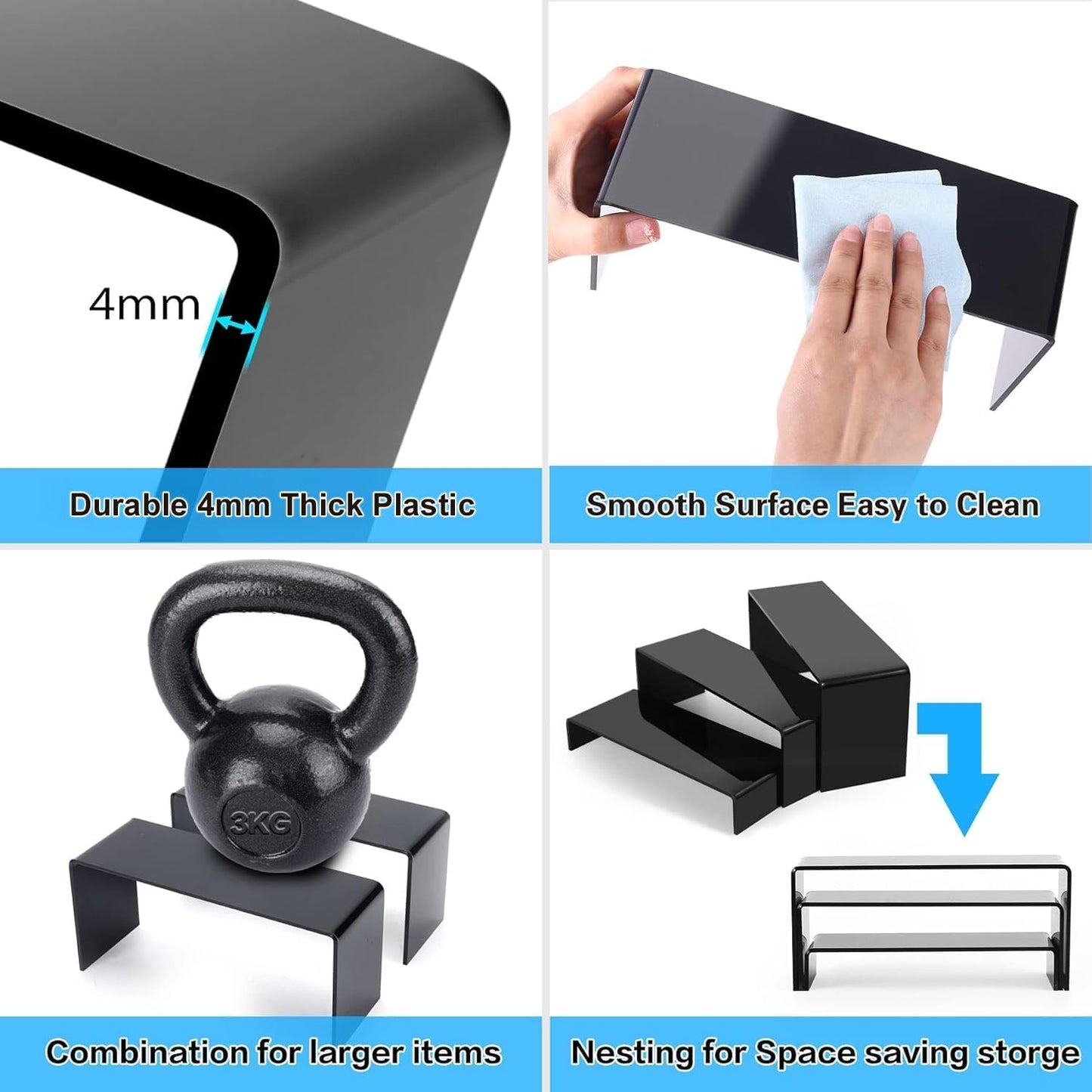 Clear Risers Display Stands / Black / Regular 2 Sets Rectangle / Set of 12