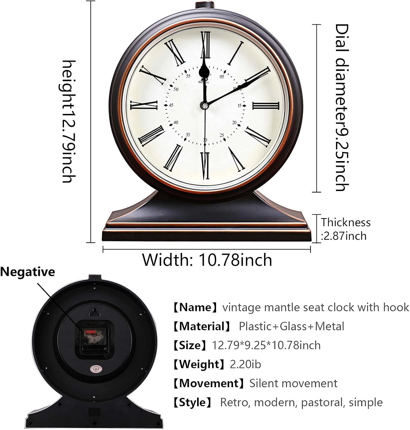 Silent Vintage Farmhouse Mantel Clock for Living Room 10-inch | Desk Clock Battery Operated for Table