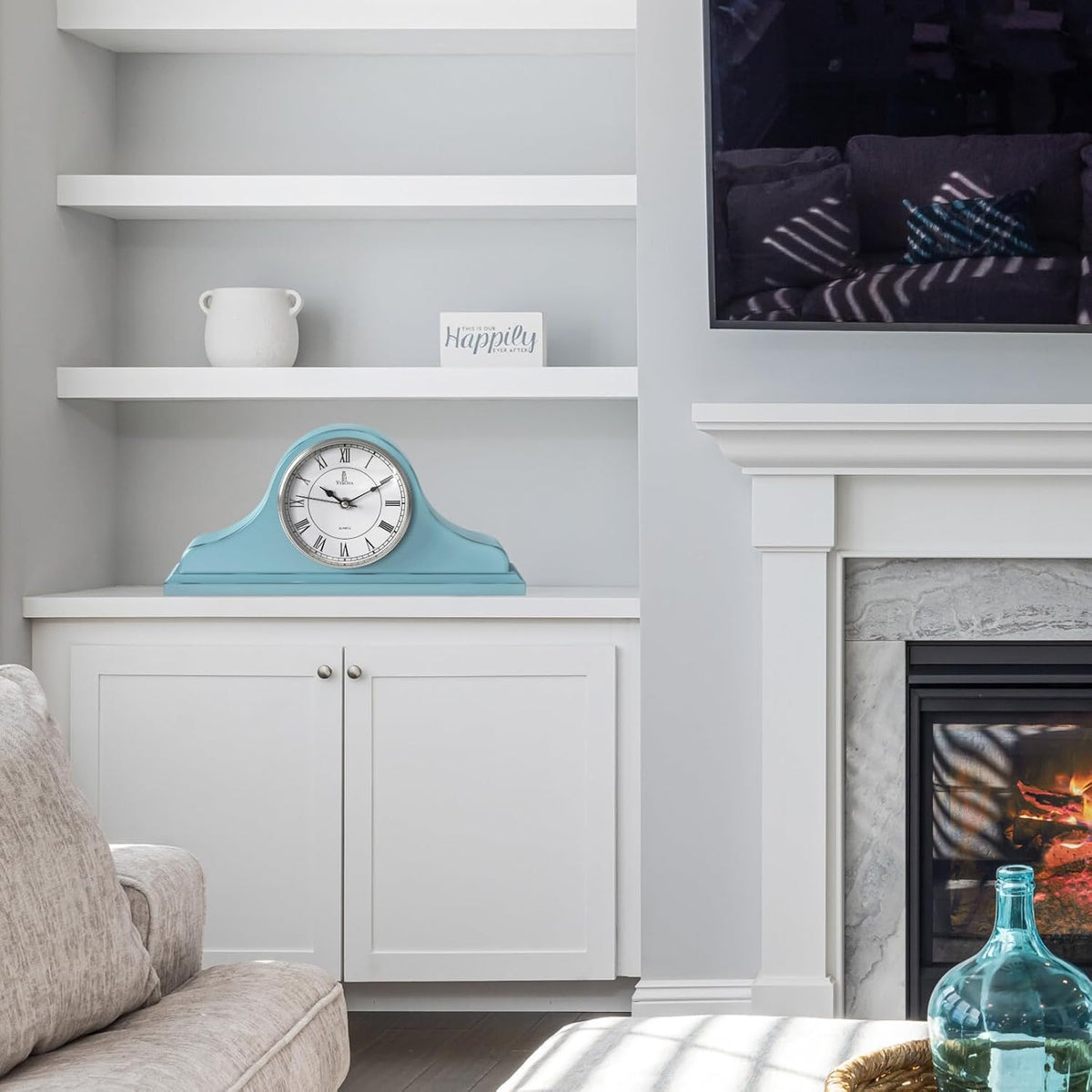 Mantel Clock for Fireplace, Teal Wooden Farmhouse Silent Mantle Clock | Solid Wood Non-Chiming Battery Operated Clock