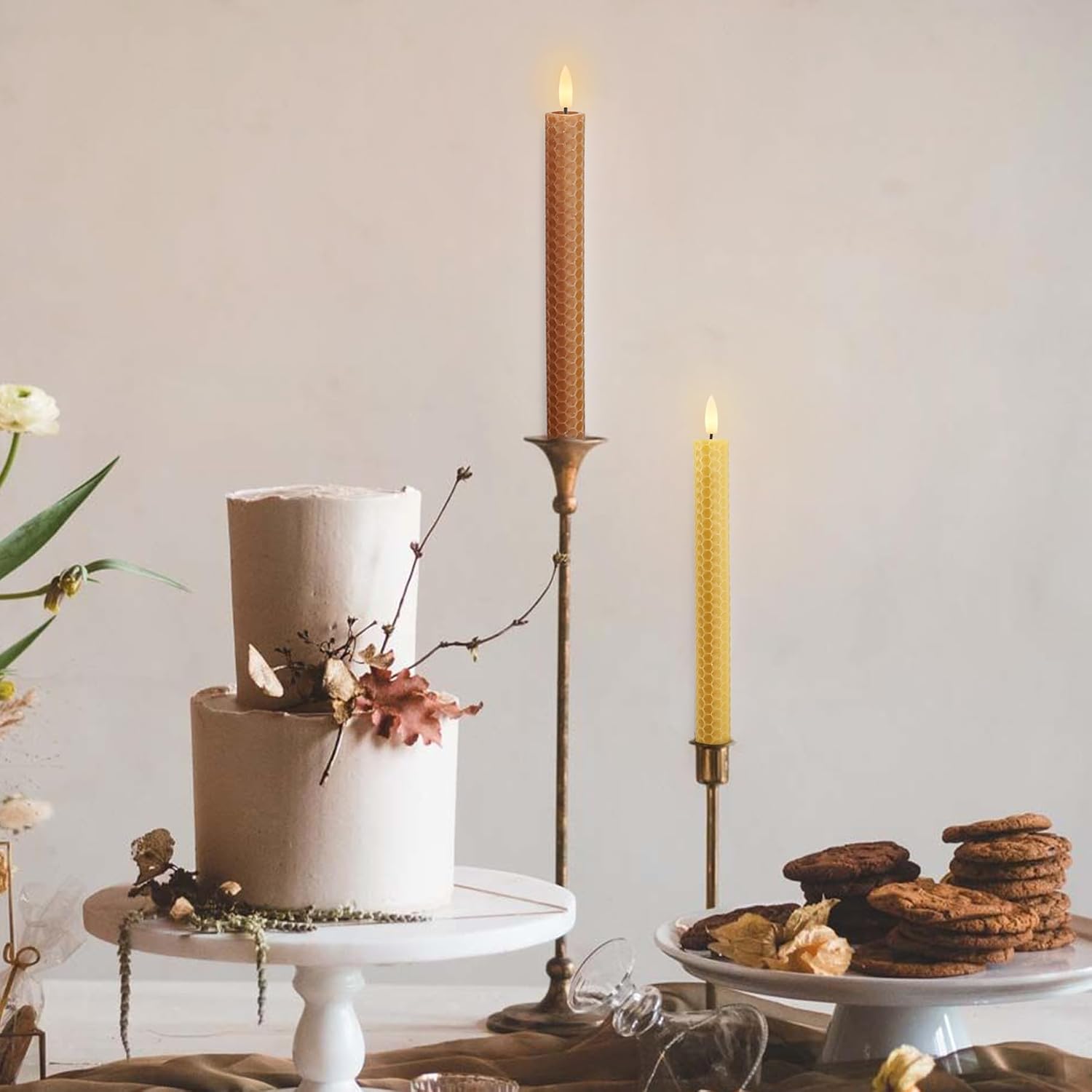 Honeycomb Flameless Taper Candles in Terracotta with Timer, Wax Finished Battery Operated Led Candles for Halloween