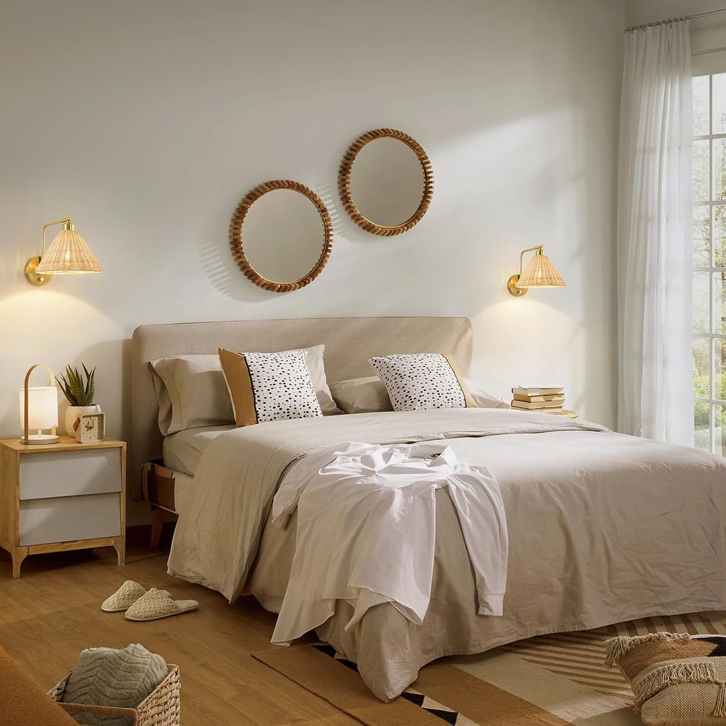 Plug in Wall Sconces Set of 2, Rattan Wall Lamps with Cord and Dimmer Switch, Gold Swing Arm Wall Mounted Bedside Lamps
