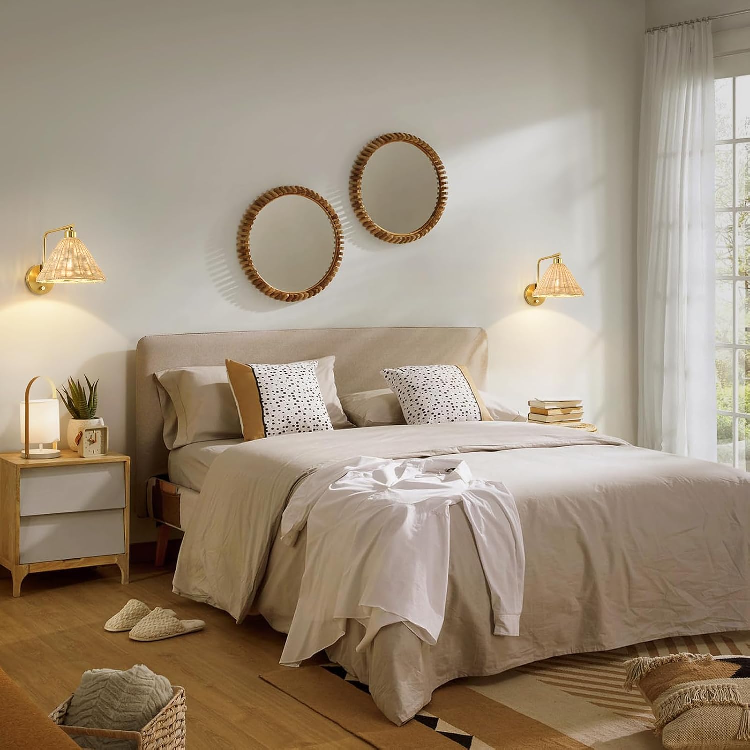 Plug in Wall Sconces Set of 2, Rattan Wall Lamps with Cord and Dimmer Switch, Gold Swing Arm Wall Mounted Bedside Lamps