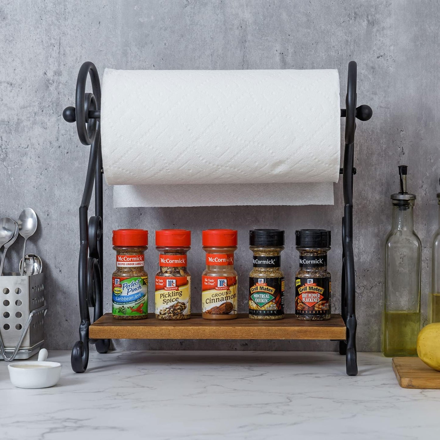 MyGift Black Paper Towel Holder with Rustic Wood Shelf, Countertop Stand | Integrated upper shelf stores spices, oils