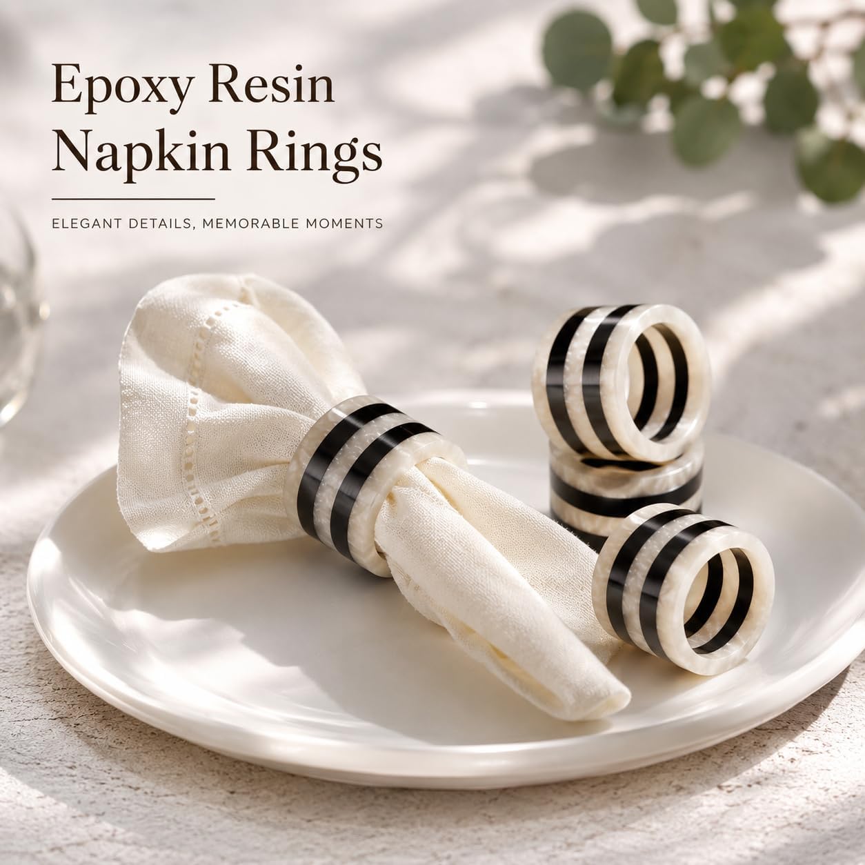 Epoxy Resin Napkin Rings, Set of 12, Black & White | Premium resin, 2x2x1.25 in each, rust-resistant, lightweight