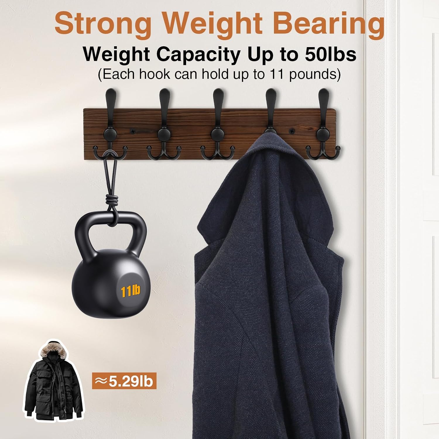 Wooden Coat Rack Wall Mount Heavy Duty, 2 Pack Coat Hanger Wall Mount with 5 Triple Hooks for Clothes, Jacket, Hat