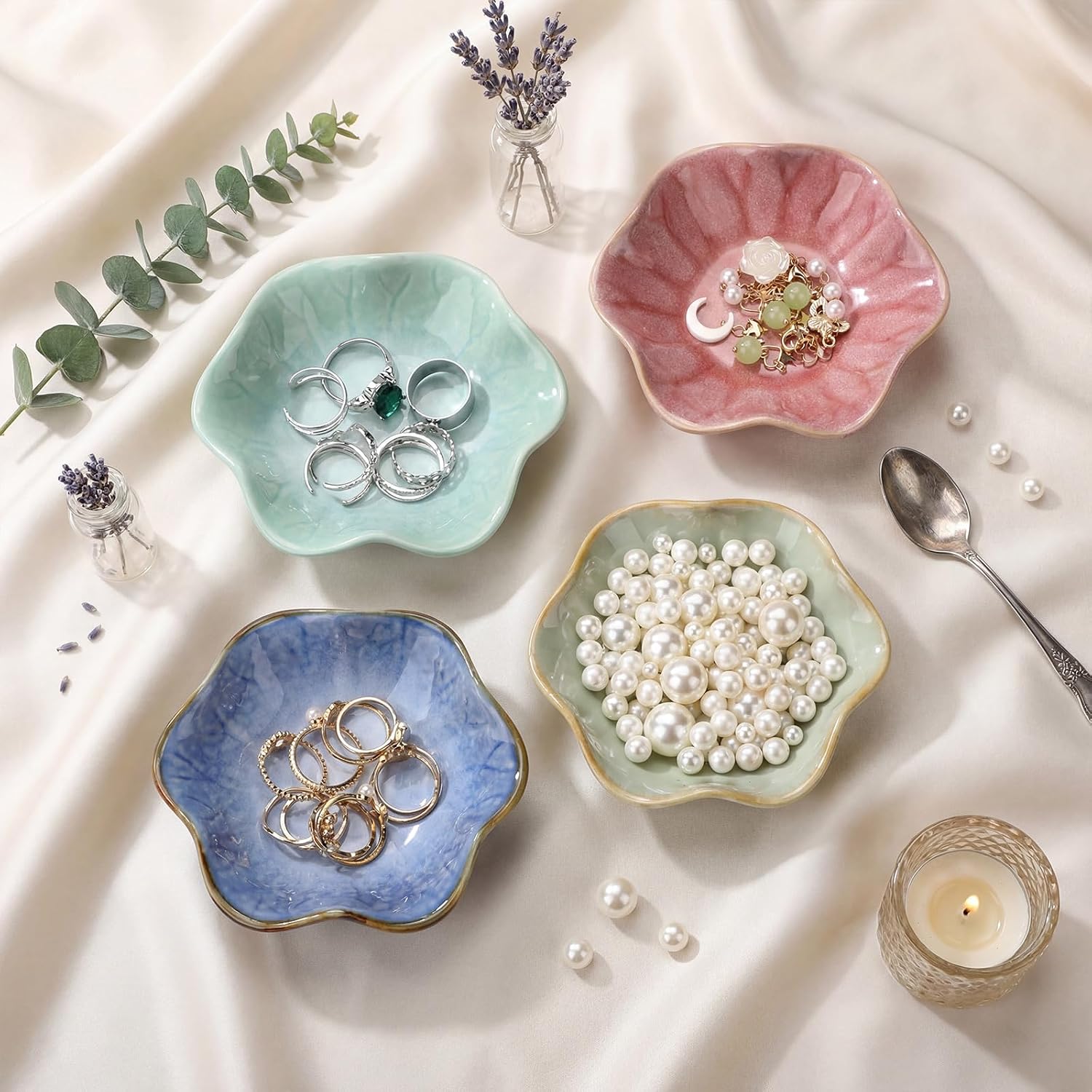Small Jewelry Dish Trinket Holder Tray for Rings / Pink,blue,cyan,green / Ceramic / Set of 4