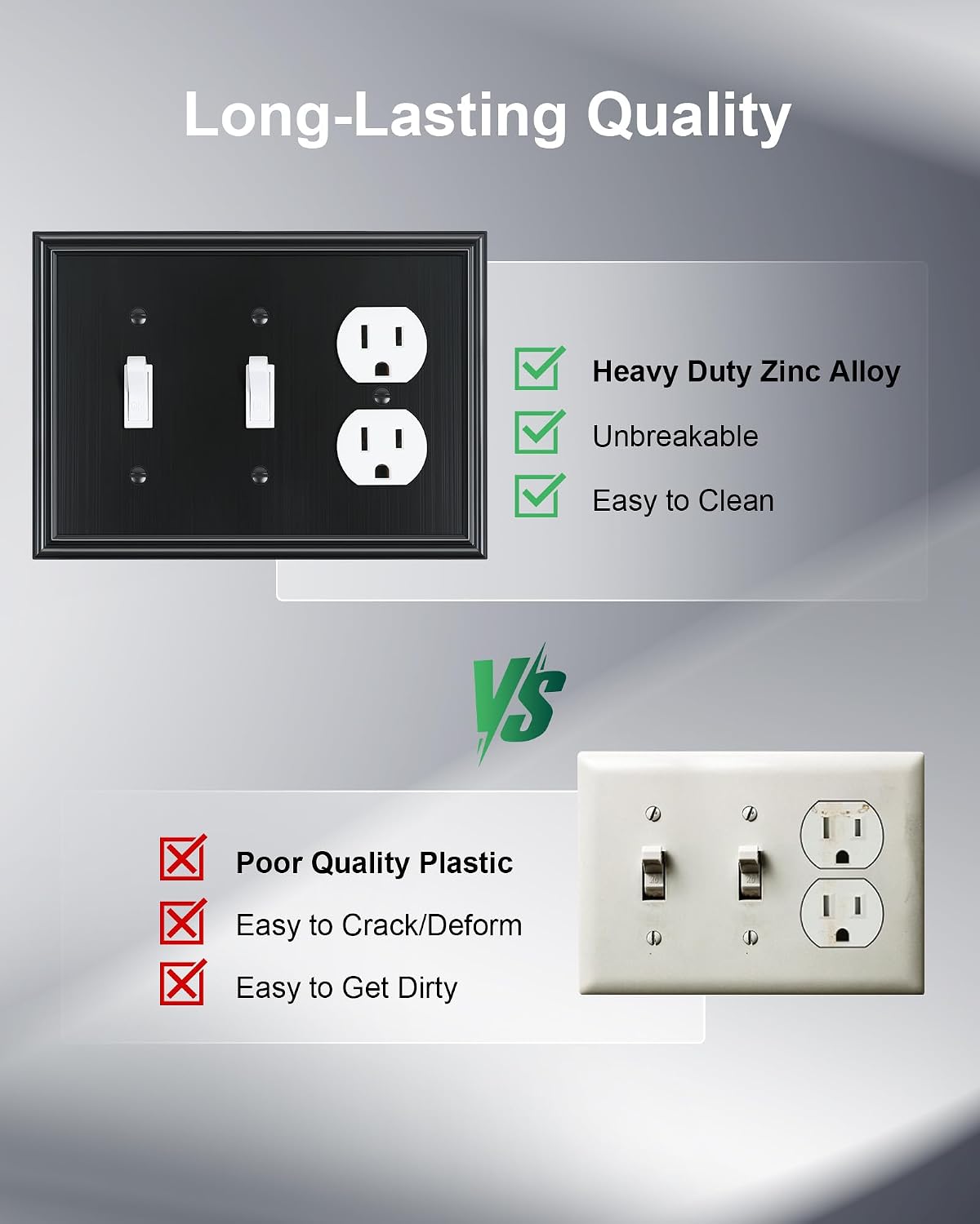 2-Pack Zinc Alloy Combo Double Toggle/Single Duplex Outlet Covers | Decorative Switch Plate Covers, Wall Plates for