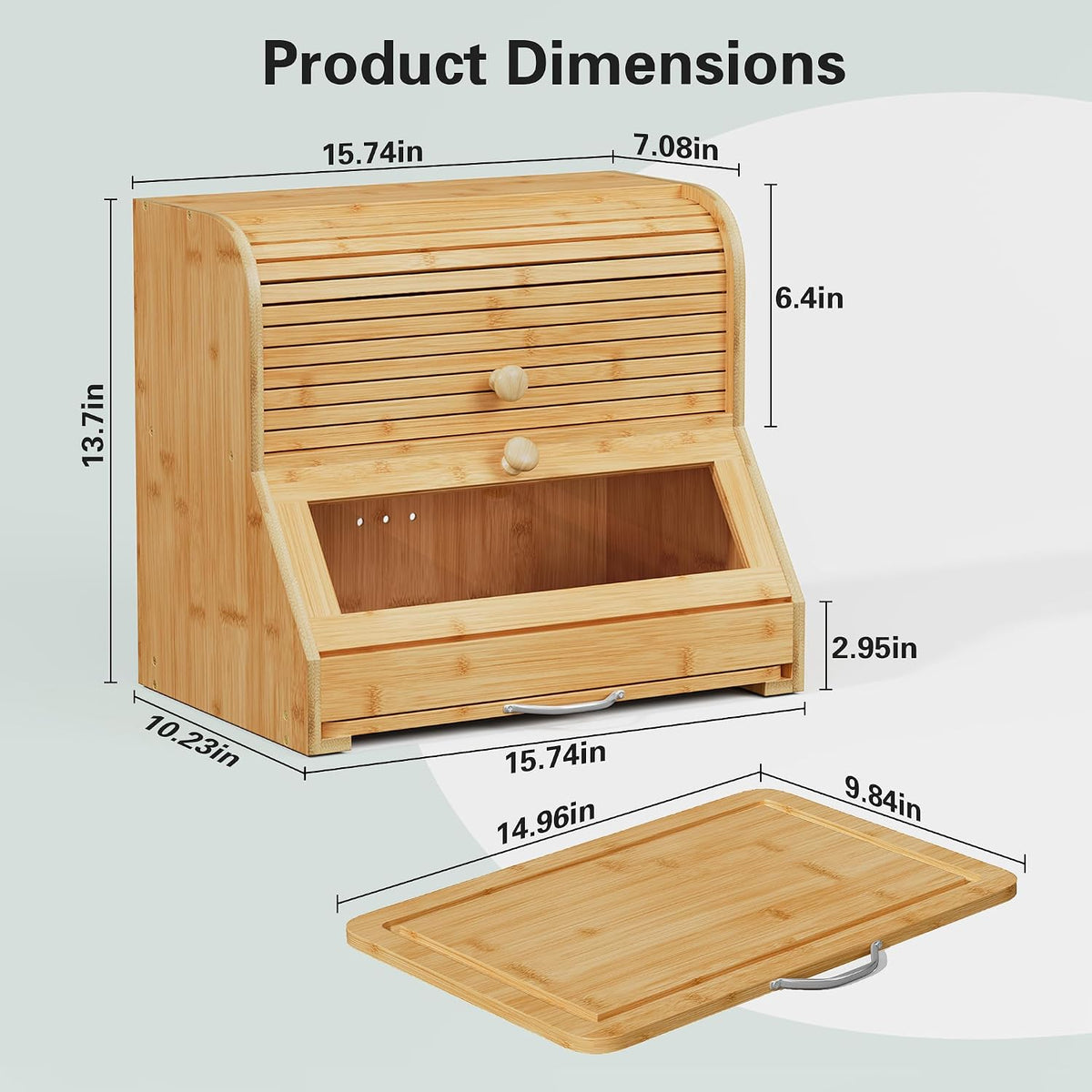 HOLTICO Roll Top Bamboo Bread Box with Cutting Board for Kitchen, Wood | 2-Tier Large Wood Bread Bin for Kitchen