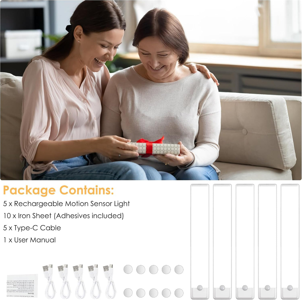 5-Pack Motion Sensor Under Cabinet Light, 3CCT, 11.8inch | 3 Color Temperature, Dimmable, Rechargeable, Magnetic Closet