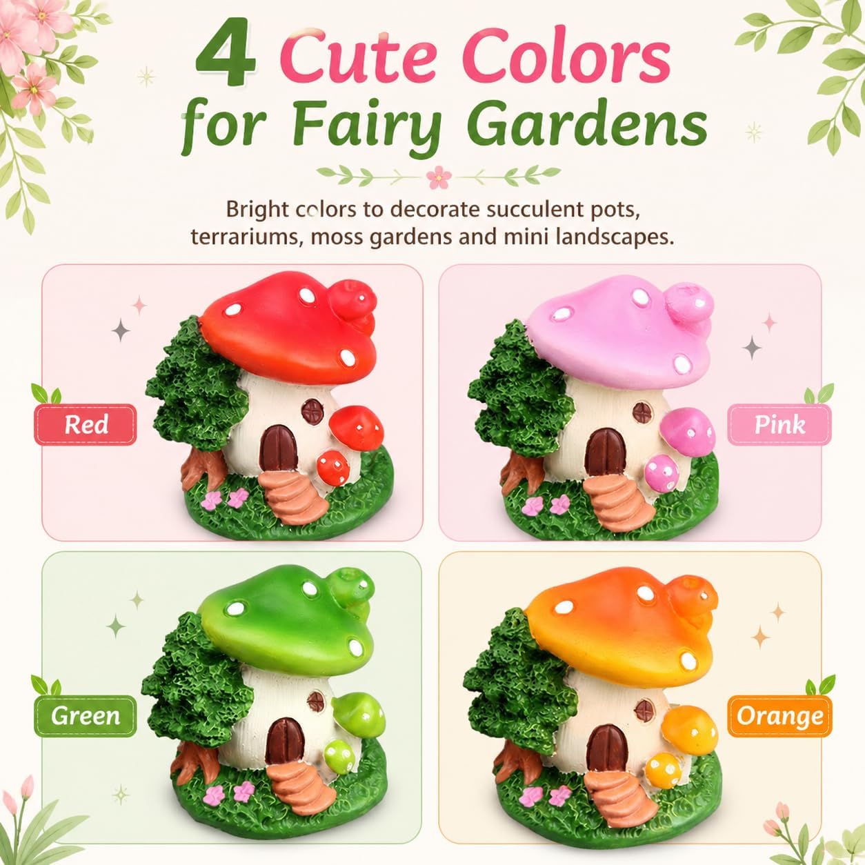 Garden Statues / Mushroom House Outdoor Garden Statues / Set of 4