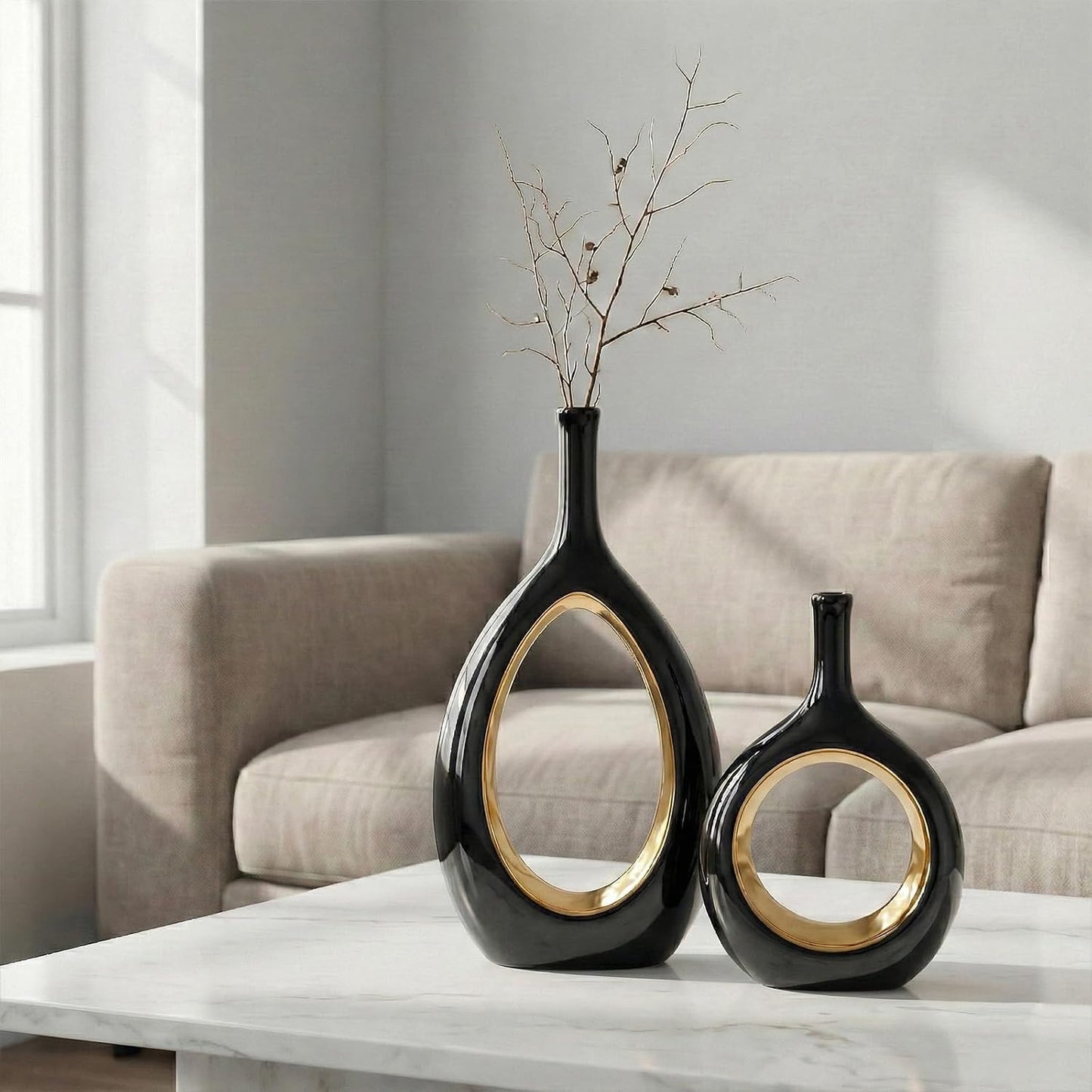 Vase Ceramic Black Vases Home Decor / Black and Gold
