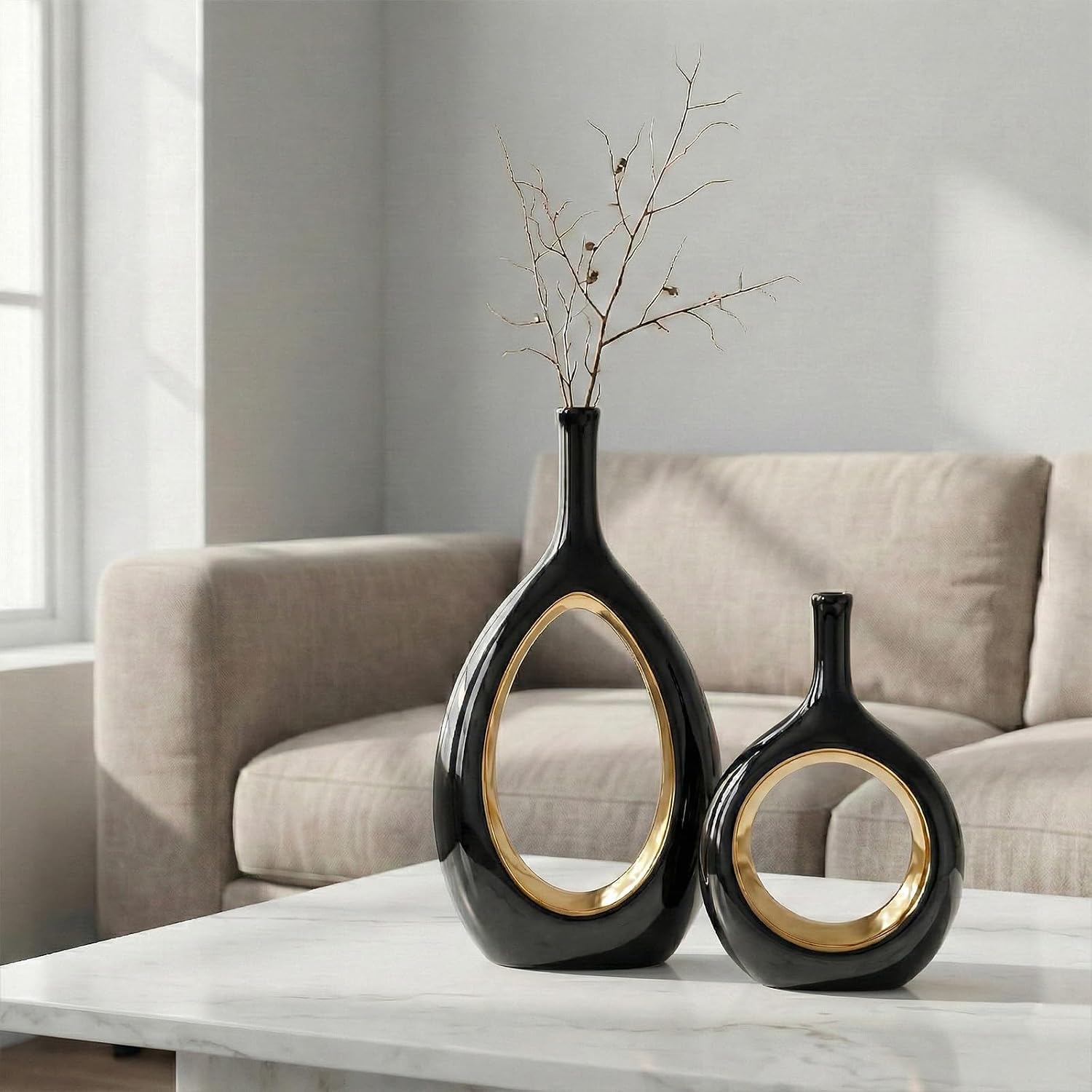 Vase Ceramic Black Vases Home Decor / Black and Gold