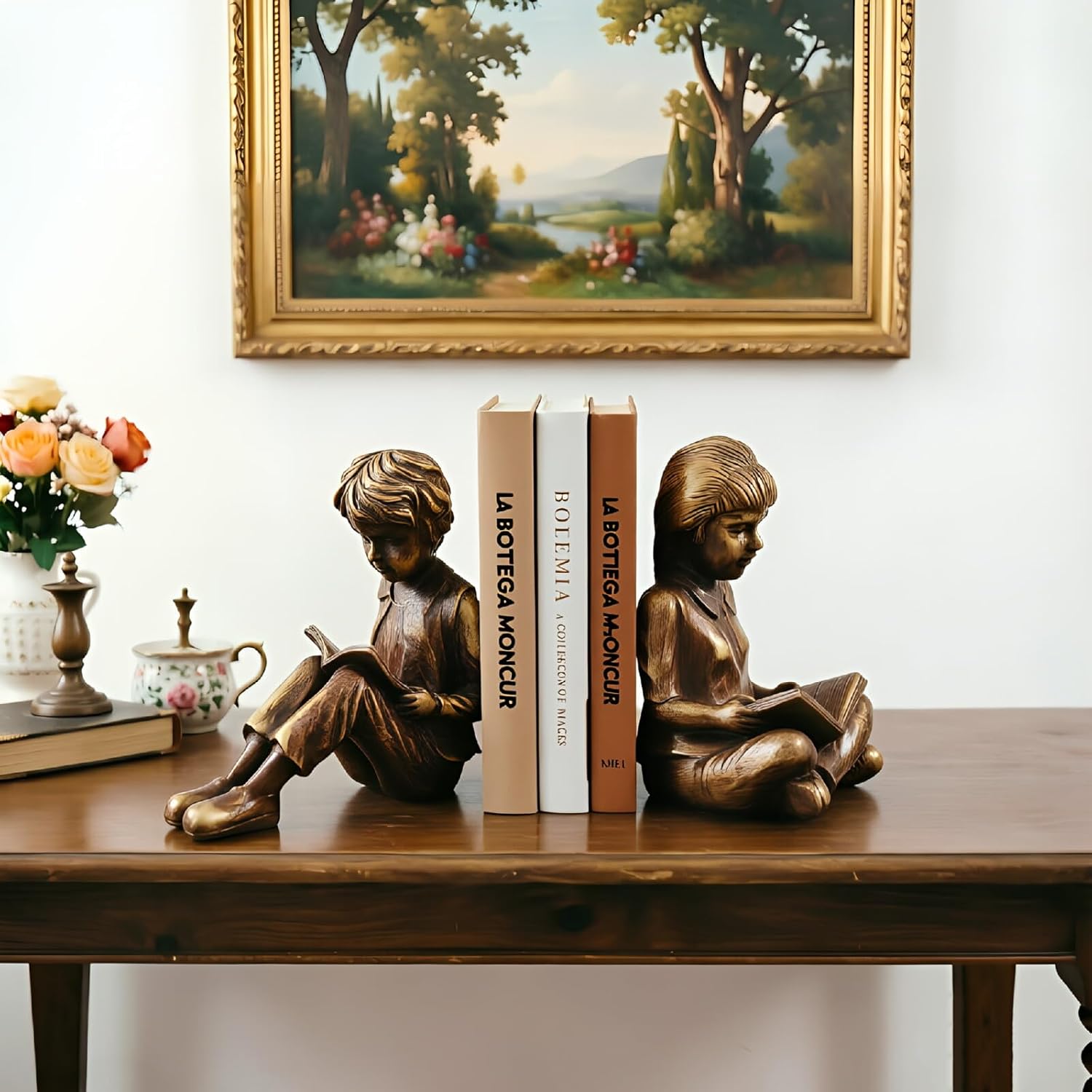 Vintage Resin Children Reading Bookends