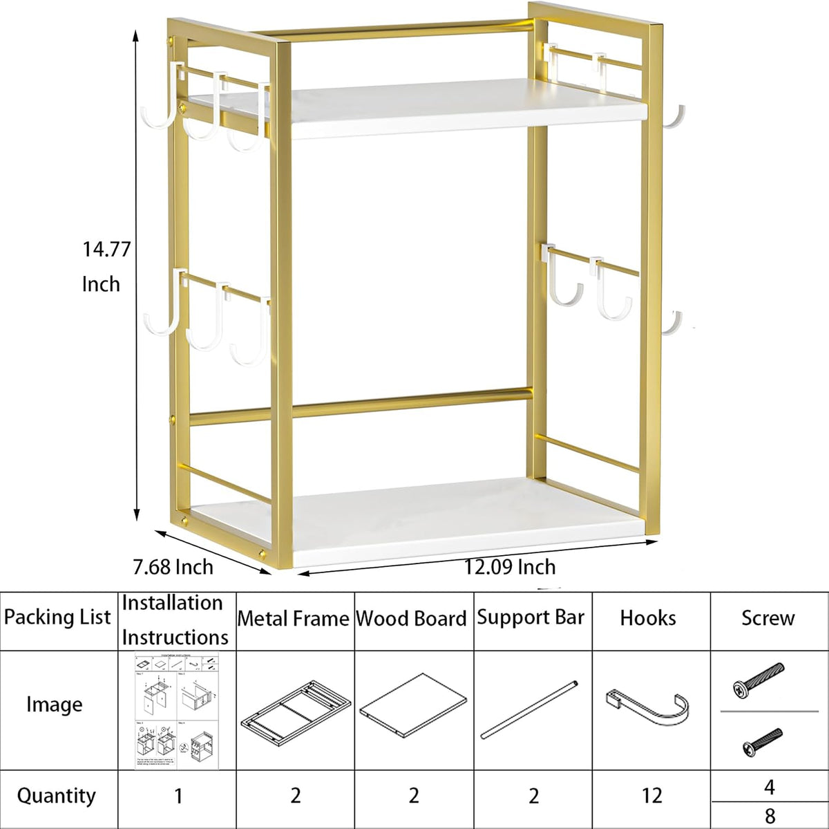 Dorhors Coffee Bar Organizer,Mug Holder,Station Organizer Kitchen Counter | 2 Tier Gold + White Wood Coffee Bar