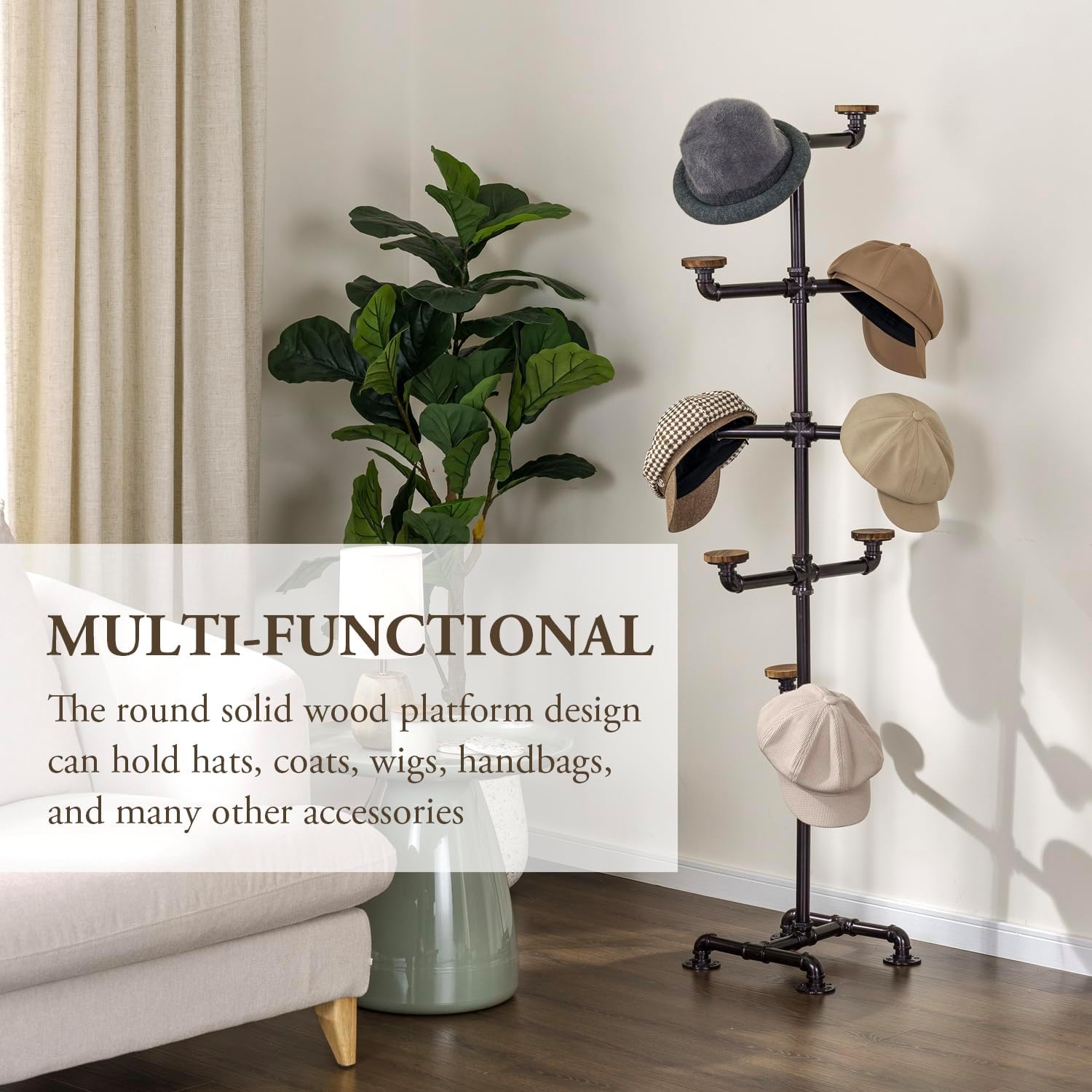 MyGift Cowboy Hat Rack Stand, 10 Hook Wood Hat Tree Organizer | Freestanding hat tree holds cowboy hats, caps, and wigs